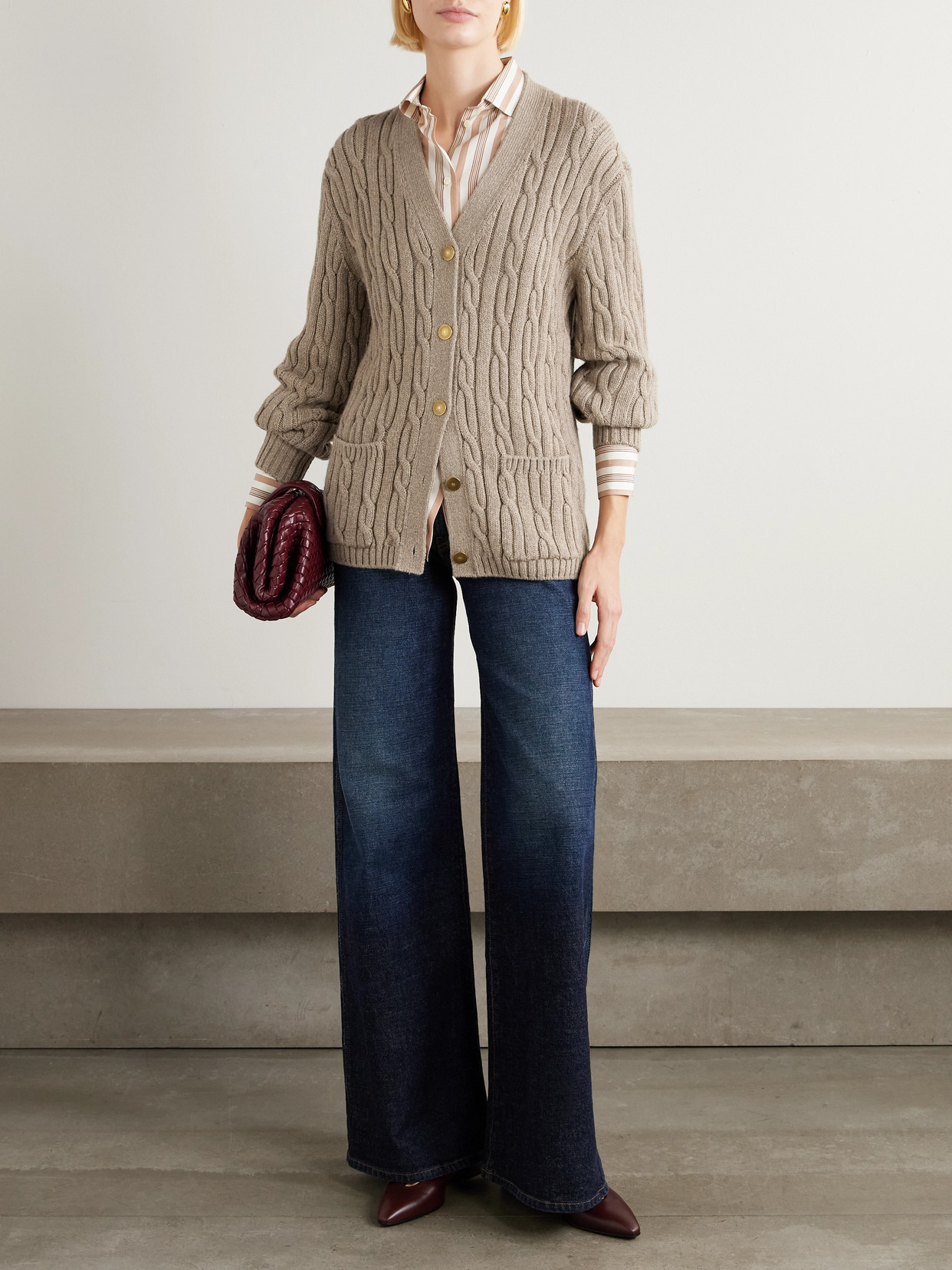 Loro Piana Cable-knit Cashmere-blend Cardigan In Brown