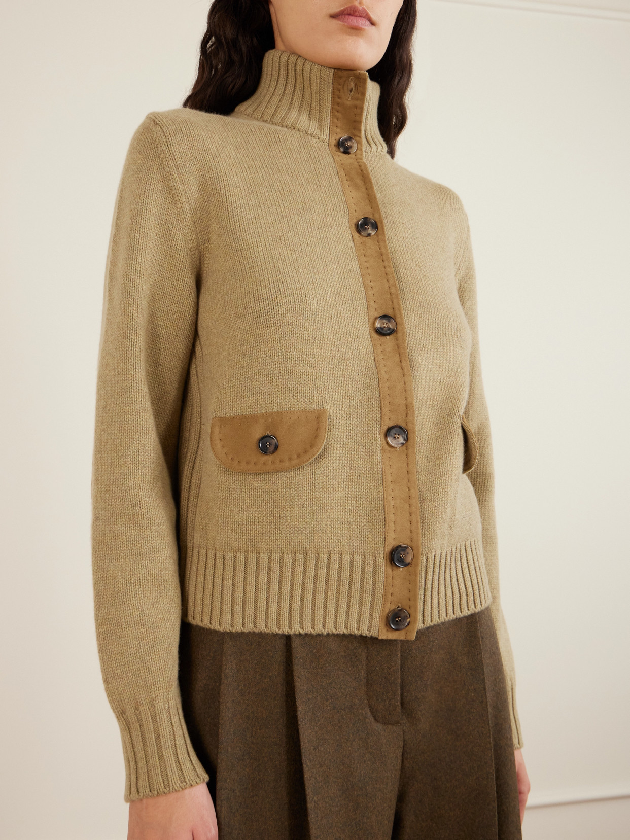 Loro Piana Parksville Suede-trimmed Cashmere Cardigan In Brown