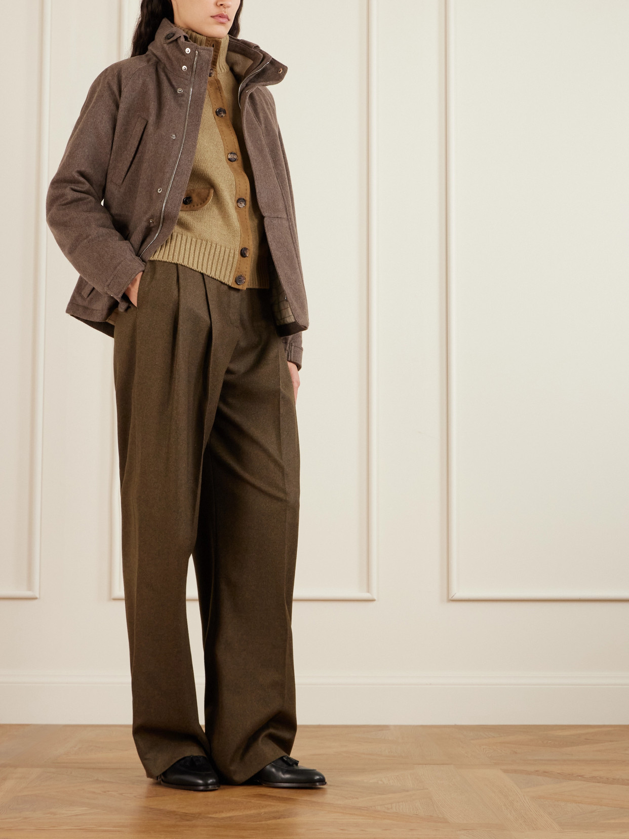 Loro Piana Parksville Suede-trimmed Cashmere Cardigan In Brown