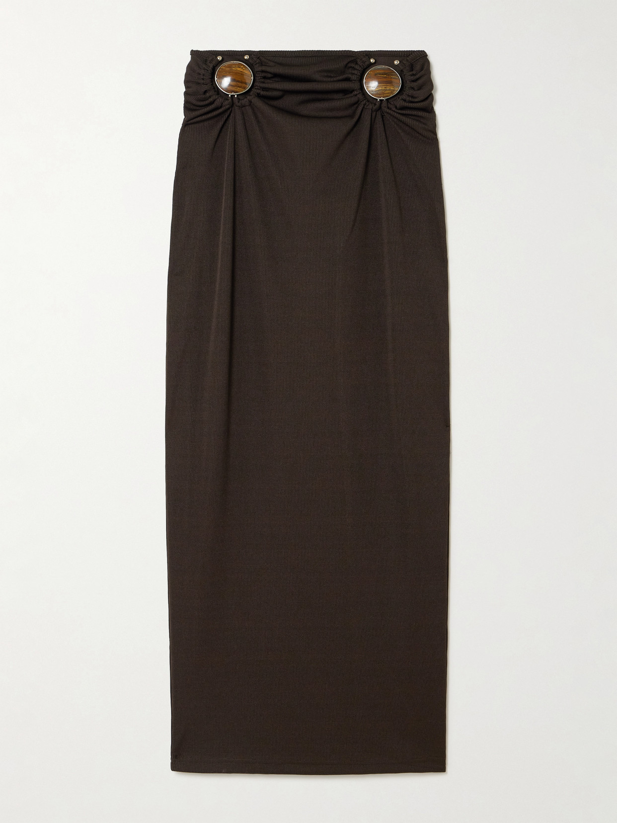 Christopher Esber Mineral Stone Embellished Ruched Ribbed Jersey Midi Skirt In Brown