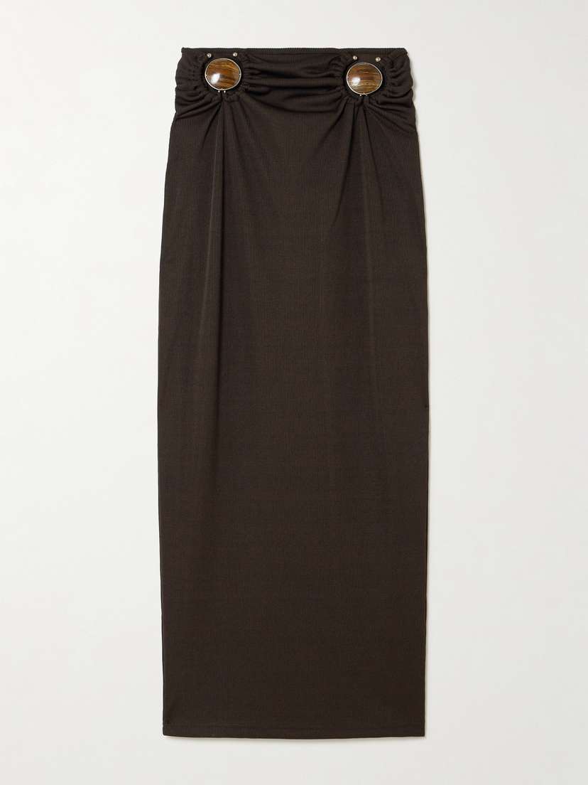 Christopher Esber Mineral Stone Embellished Ruched Ribbed Jersey Midi Skirt