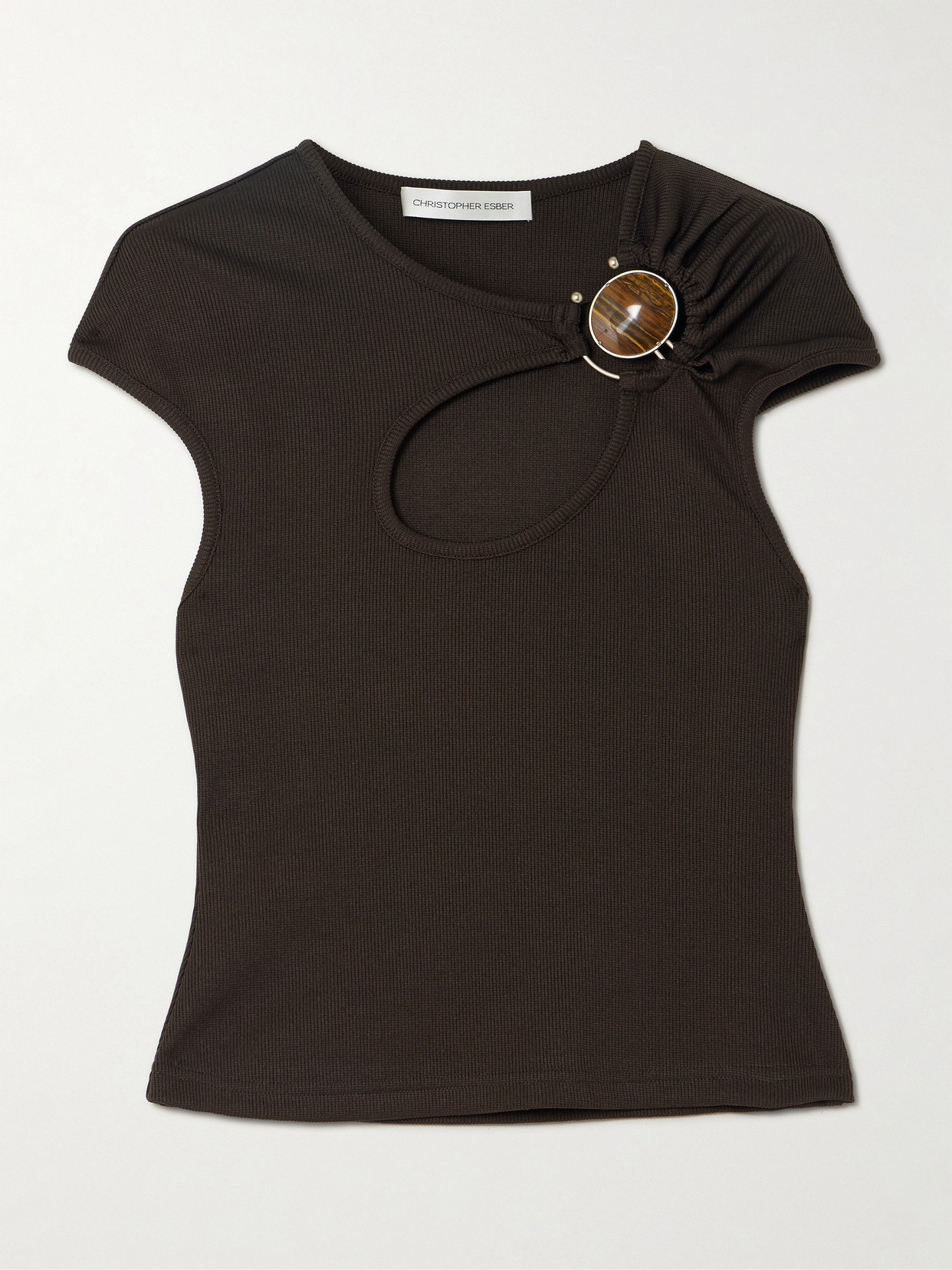 Christopher Esber Mineral Stone Hollow Cutout Embellished Ribbed Jersey T-shirt In Brown