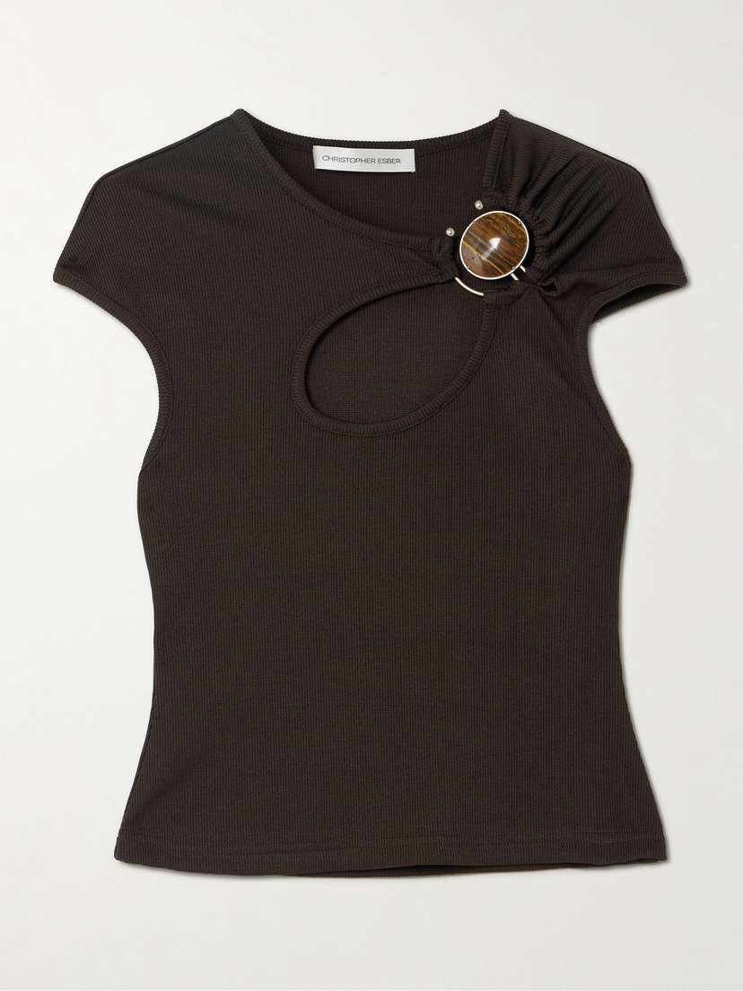 Christopher Esber Mineral Stone Hollow Cutout Embellished Ribbed Jersey T-shirt