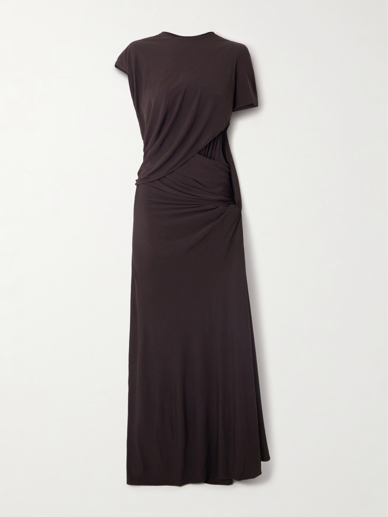 Christopher Esber Twisted Lever Gathered Cutout Jersey Maxi Dress In Brown