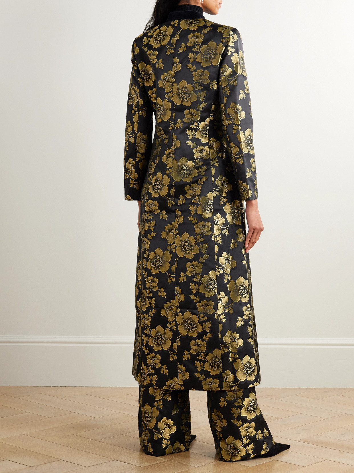 D'estree Eden Cotton-blend Velvet-trimmed Floral-brocade Coat In Black