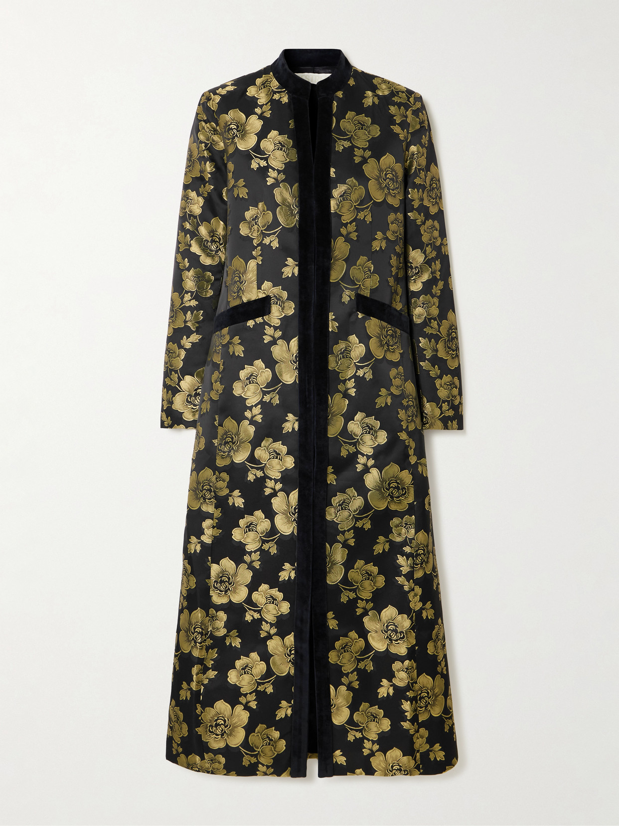 D'estree Eden Cotton-blend Velvet-trimmed Floral-brocade Coat In Black