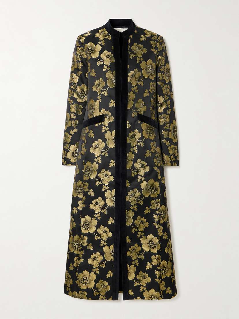 DESTREE Eden Cotton-blend Velvet-trimmed Floral-brocade Coat