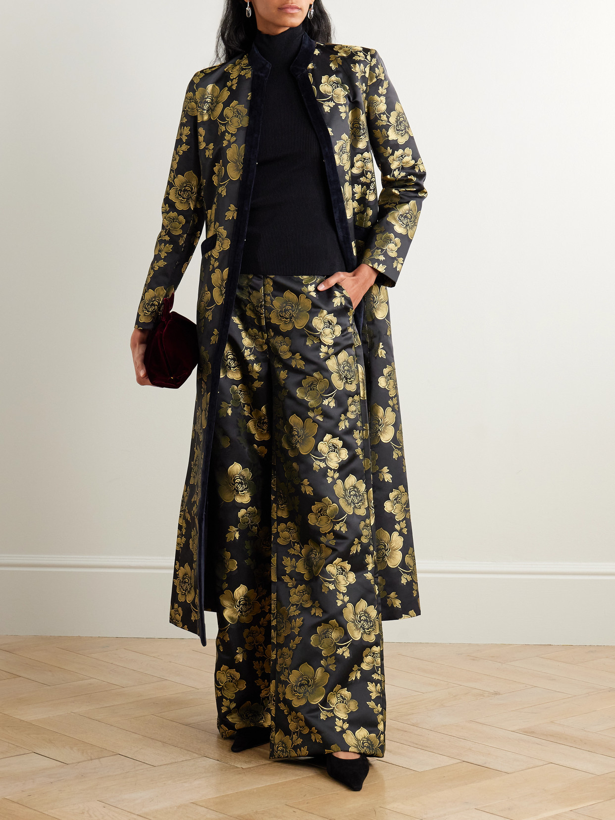 D'estree Eden Cotton-blend Velvet-trimmed Floral-brocade Coat In Black