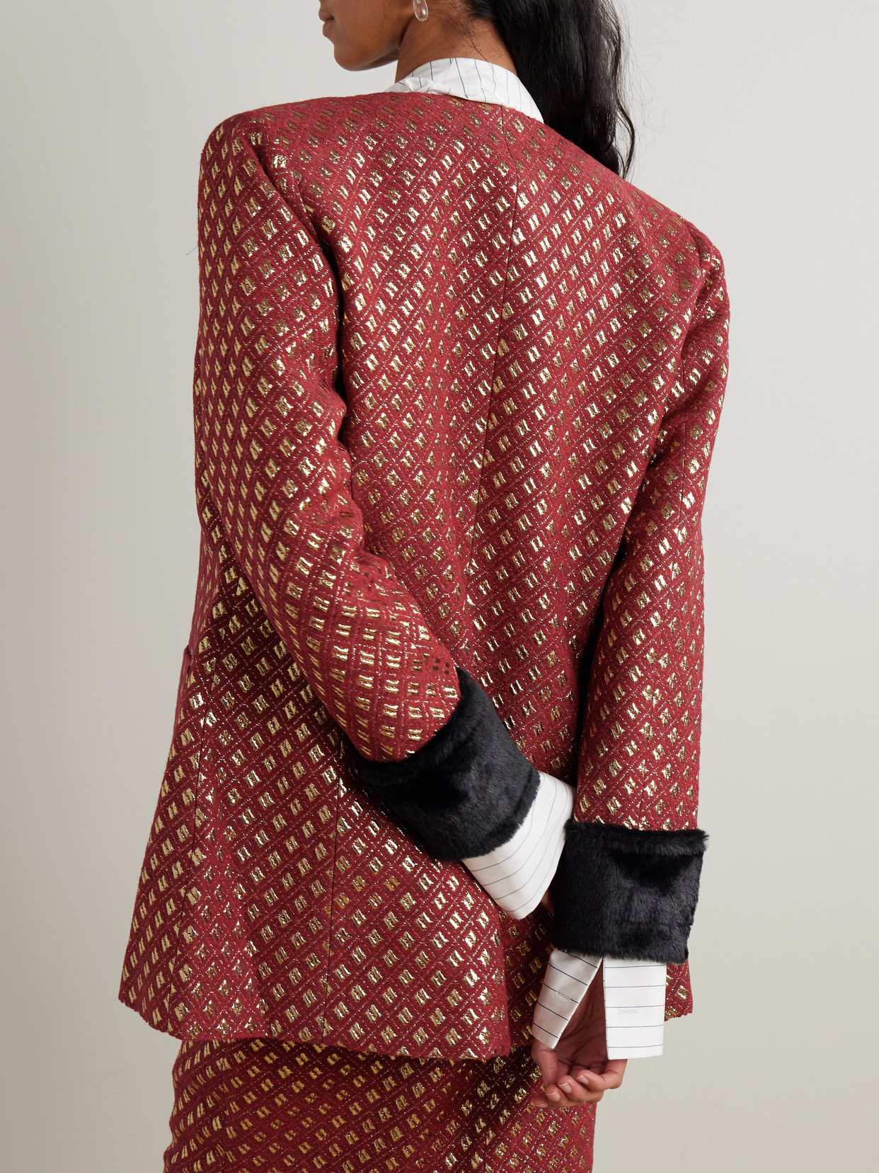 D'estree Lea Plush-trimmed Metallic Jacquard Jacket In Burgundy
