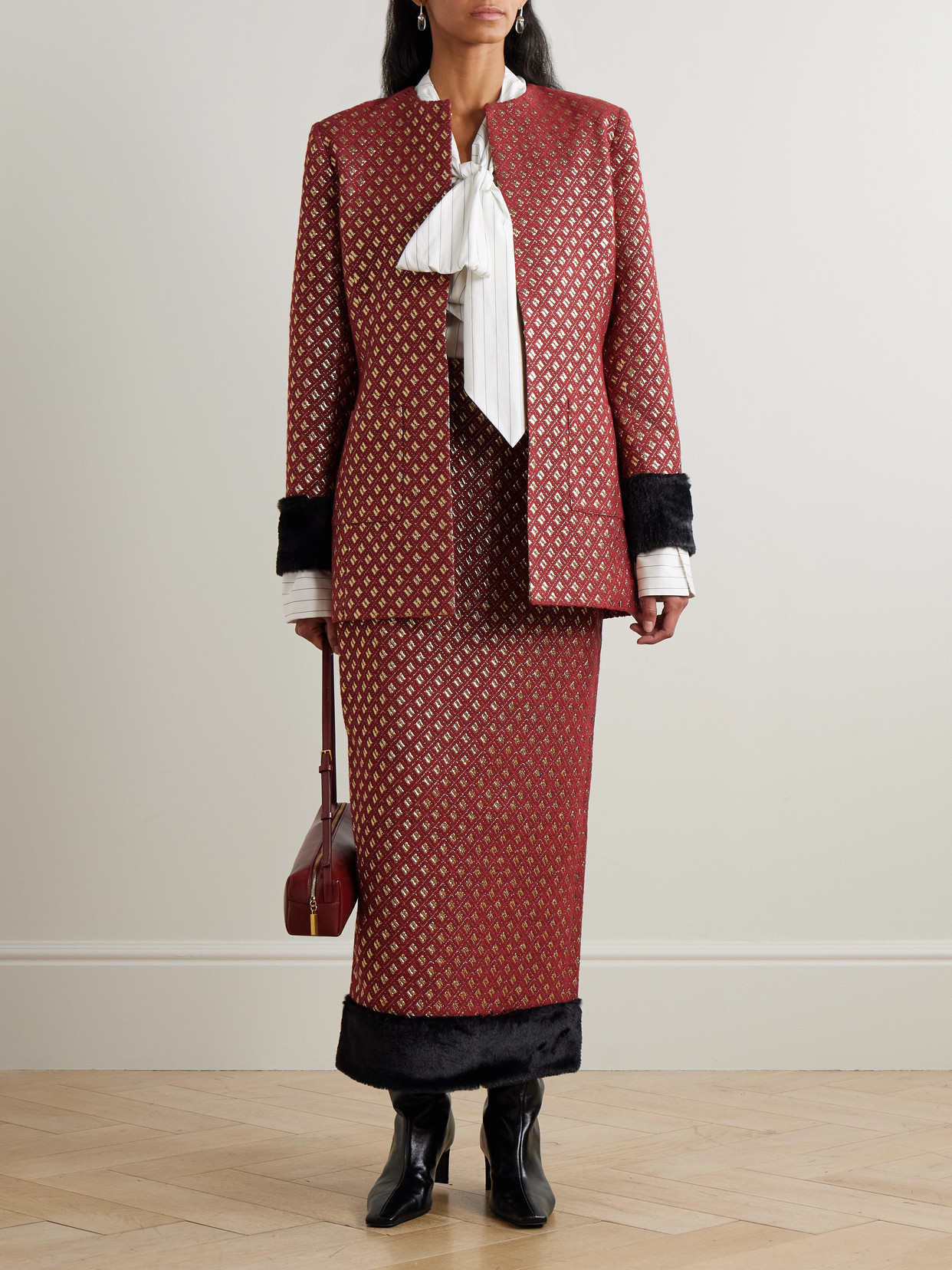 D'estree Lea Plush-trimmed Metallic Jacquard Jacket In Burgundy