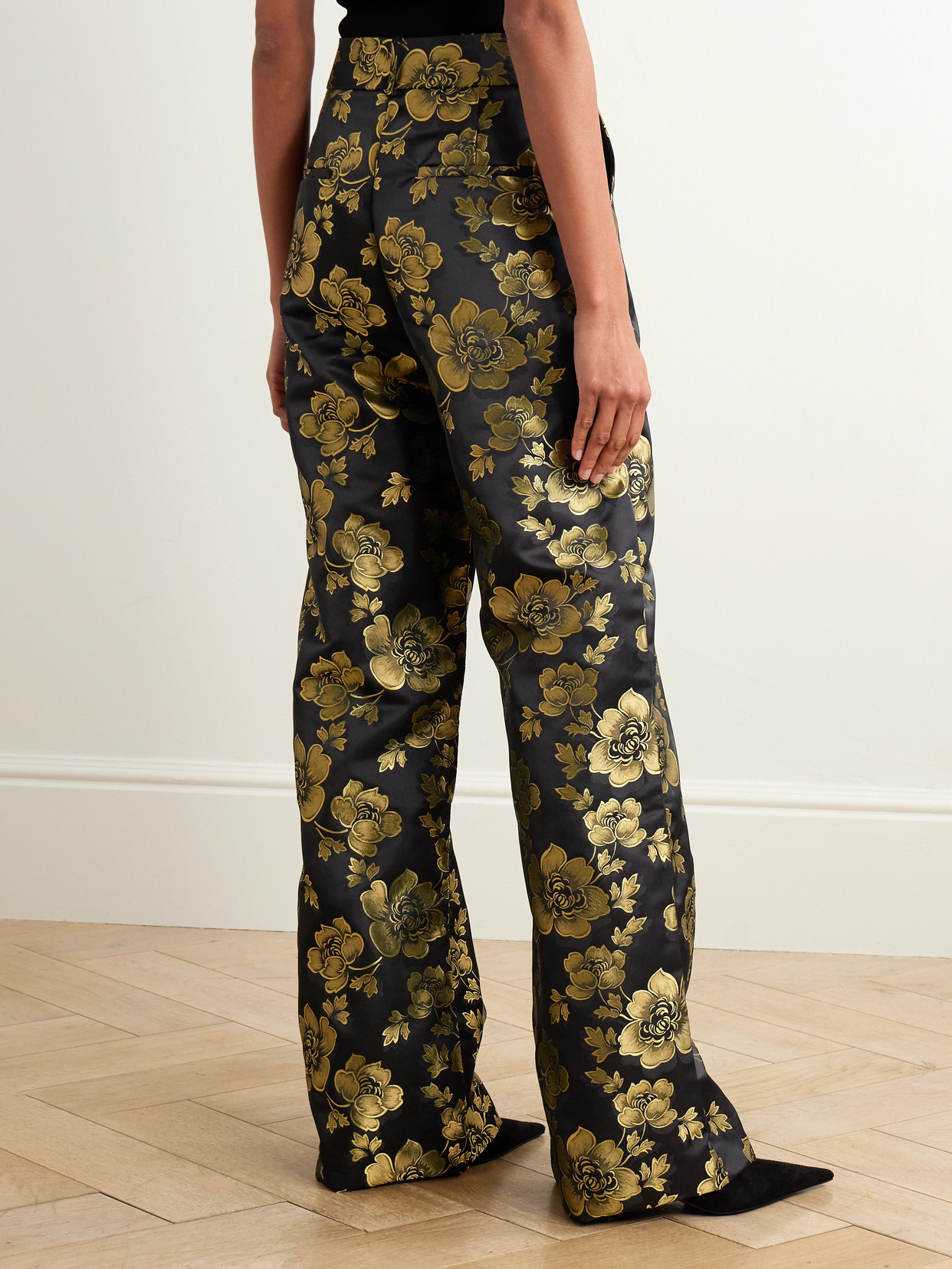 D'estree Beatrice Floral-brocade Wide-leg Pants In Black