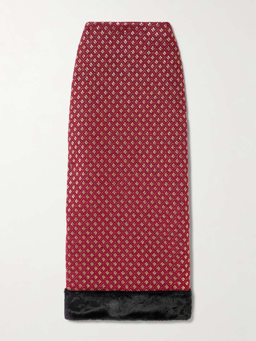 DESTREE Monica Plush-trimmed Metallic Jacquard Midi Skirt