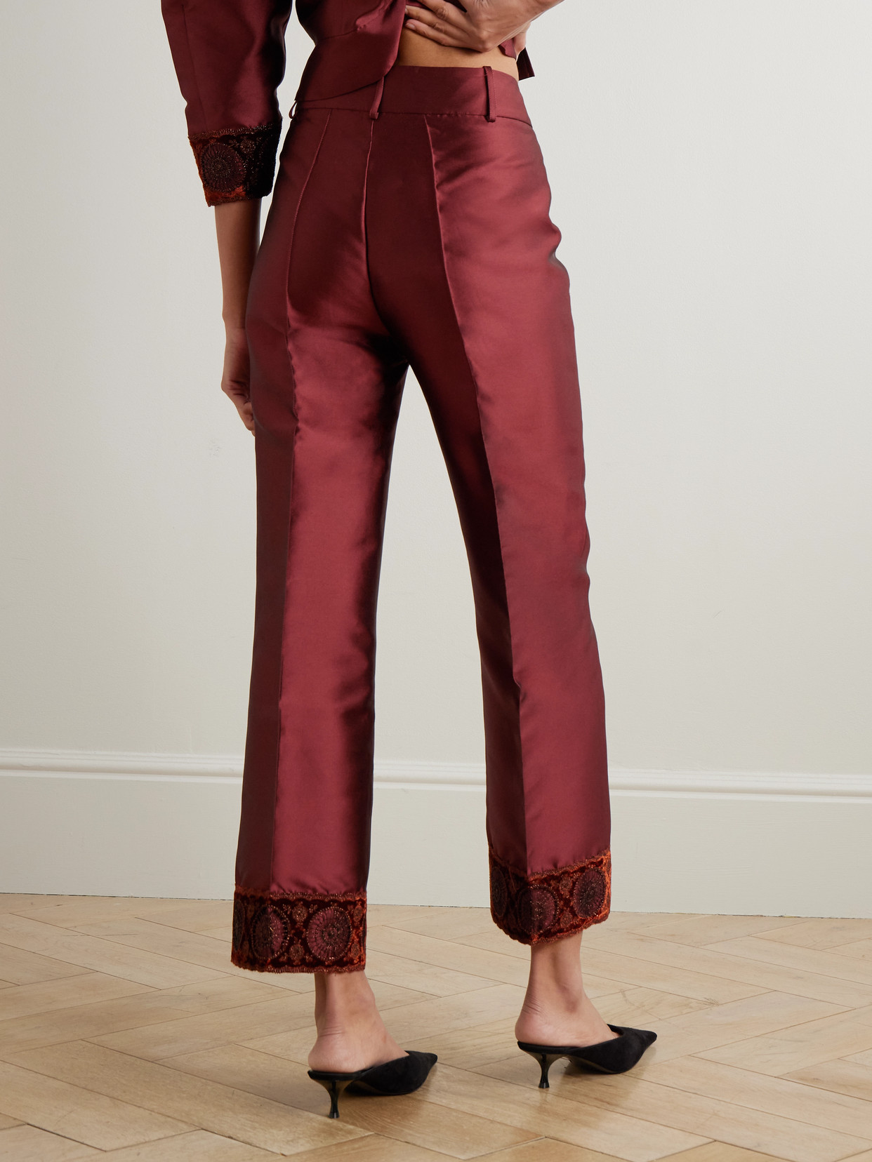 D'estree Yoshitomo Embellished Velvet-trimmed Faille Streight-leg Pants In Burgundy