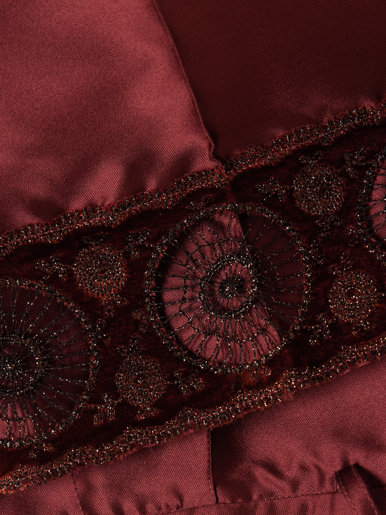 D'estree Yoshitomo Embellished Velvet-trimmed Faille Streight-leg Pants In Burgundy
