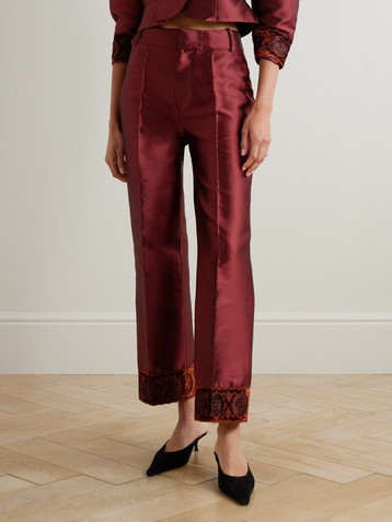 Destree Yoshitomo embellished velvet-trimmed faille streight-leg pants
