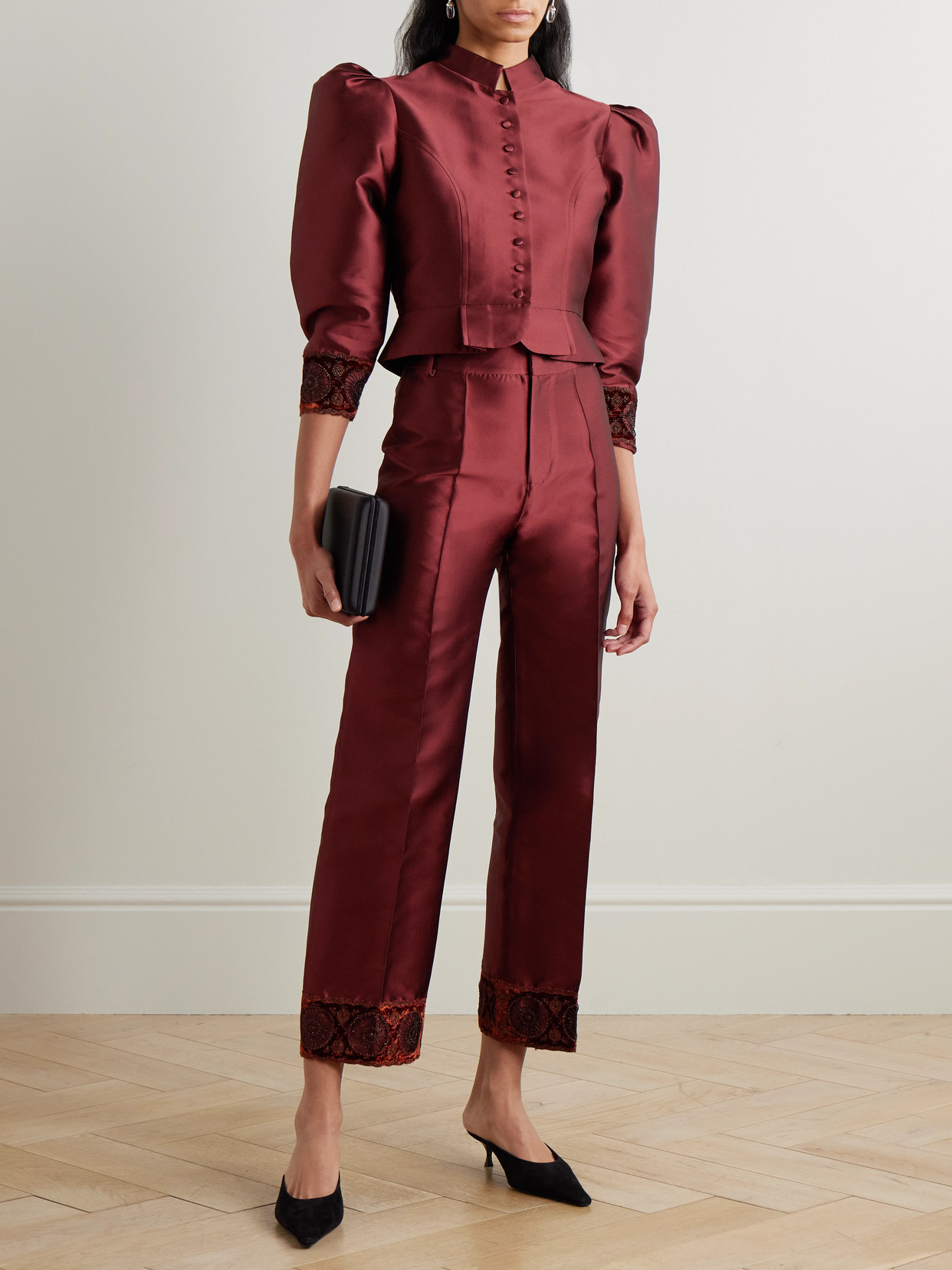D'estree Yoshitomo Embellished Velvet-trimmed Faille Streight-leg Pants In Burgundy