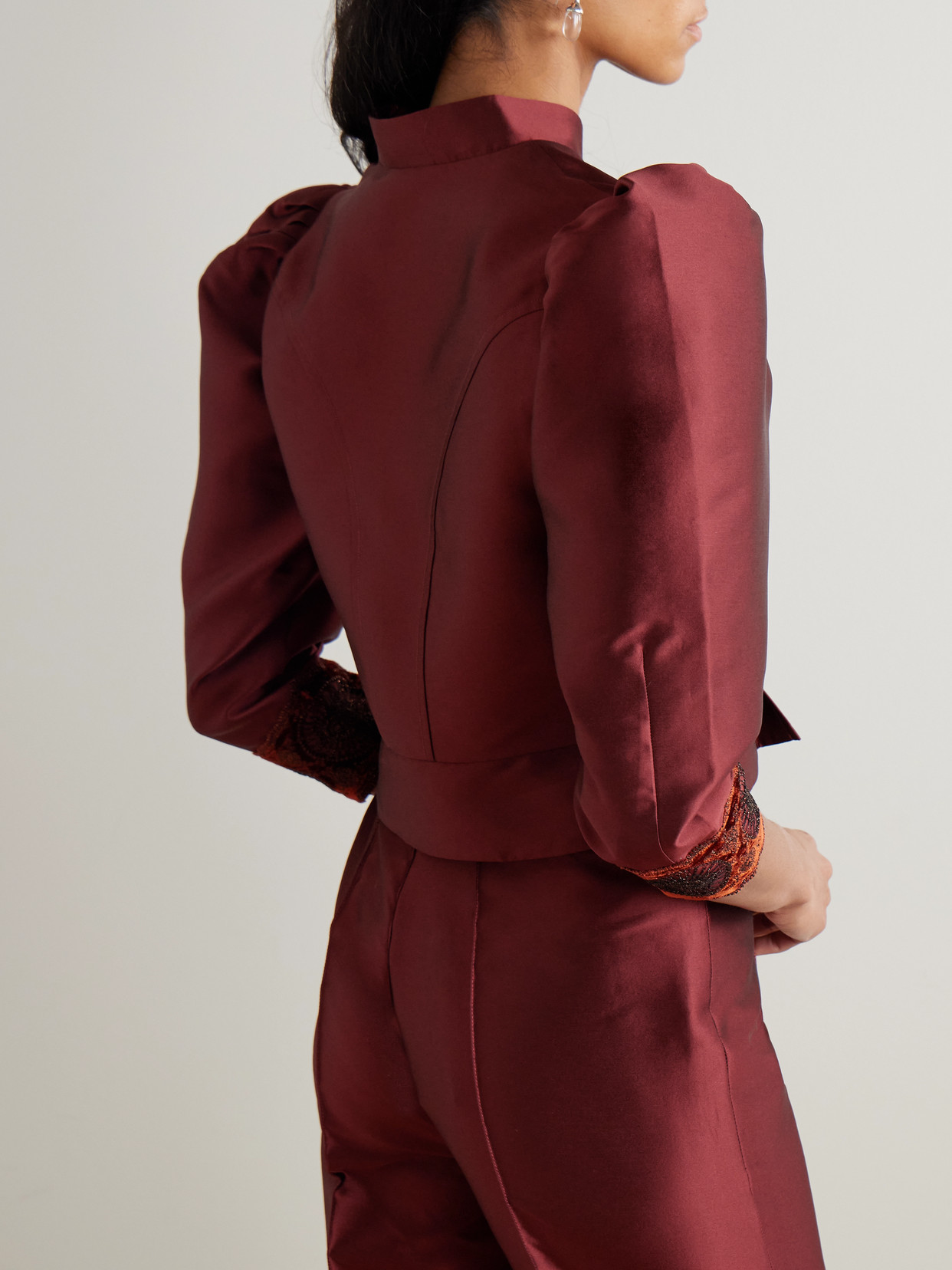 D'estree Amoako Cropped Embellished Velvet-trimmed Faille Jacket In Red