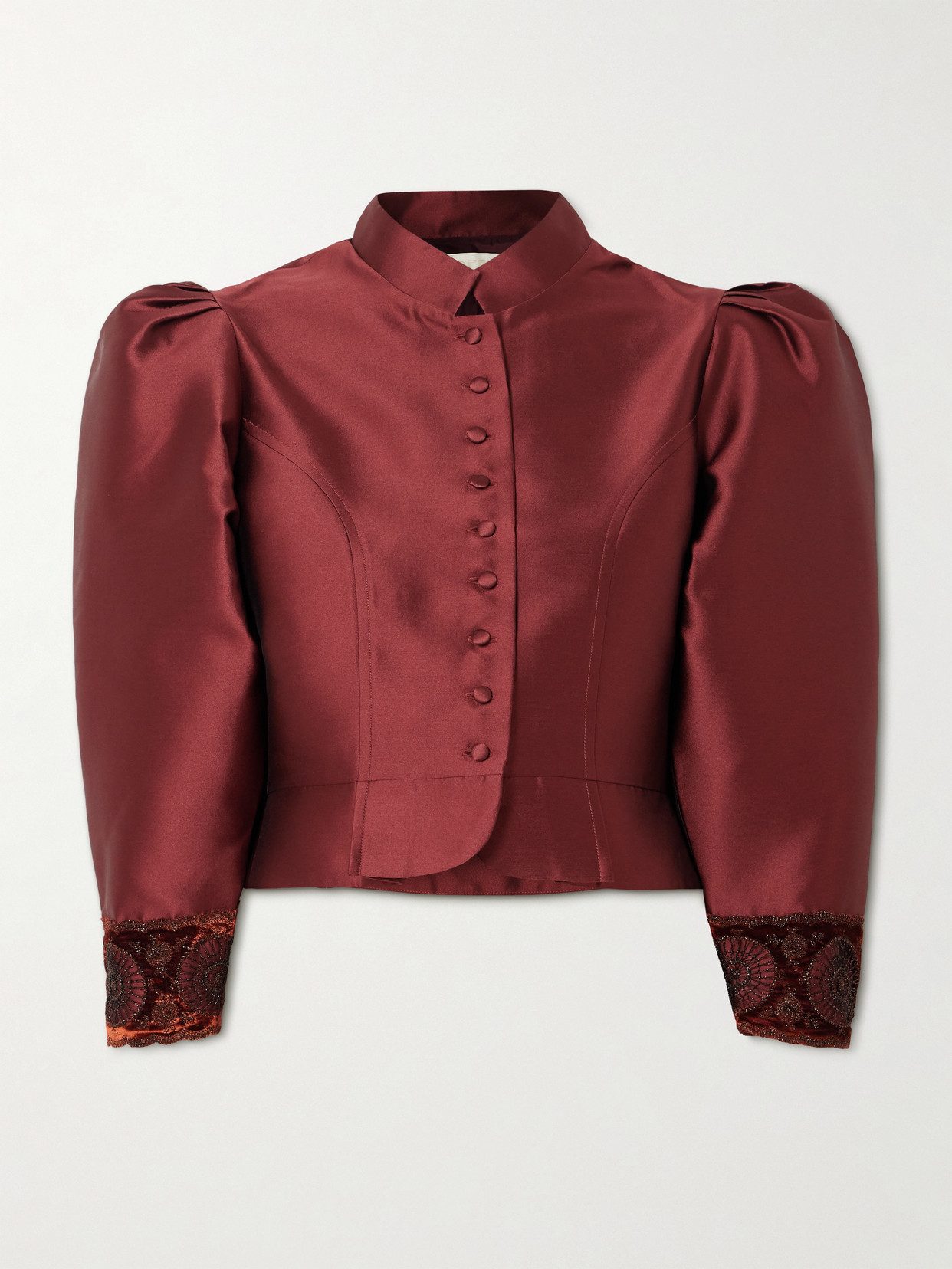 D'estree Amoako Cropped Embellished Velvet-trimmed Faille Jacket In Red