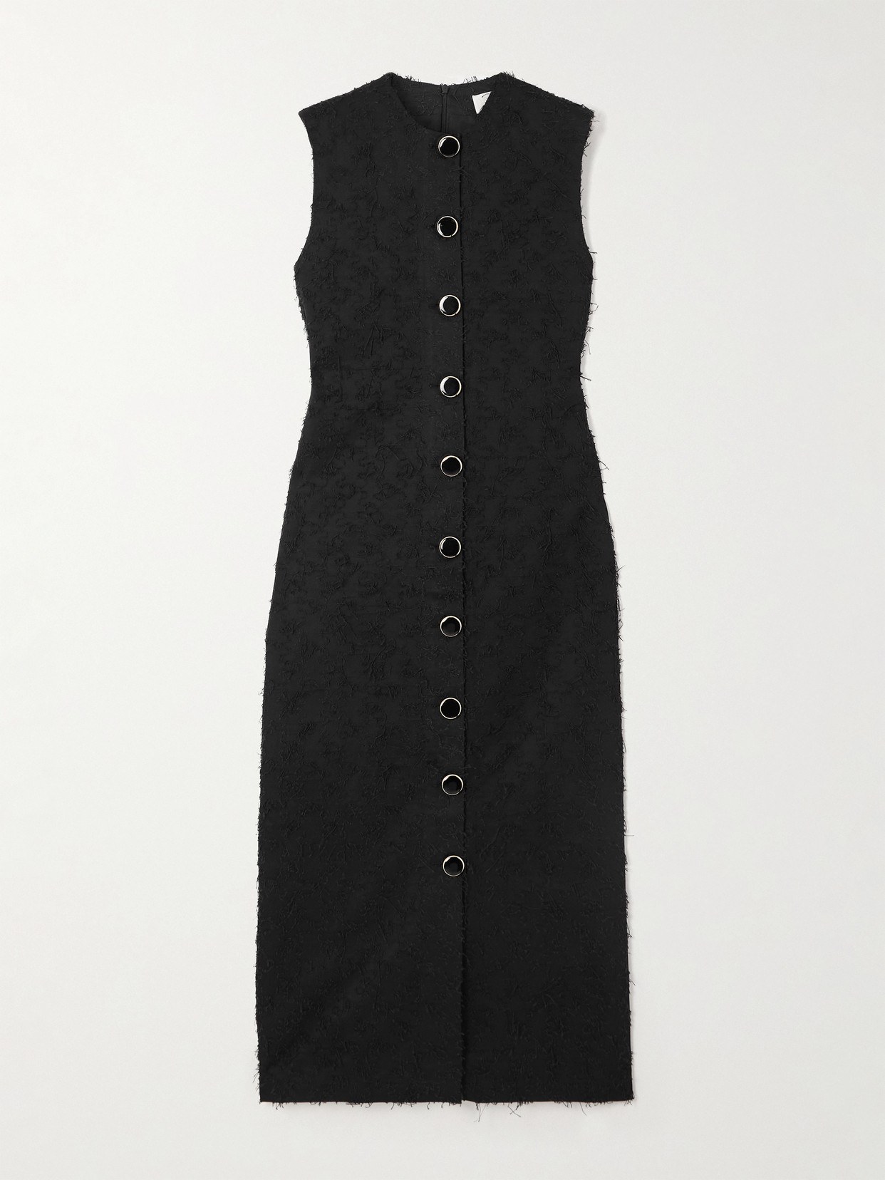 D'estree Camille Frayed Fil Coupé Organic Cotton Midi Dress In Black
