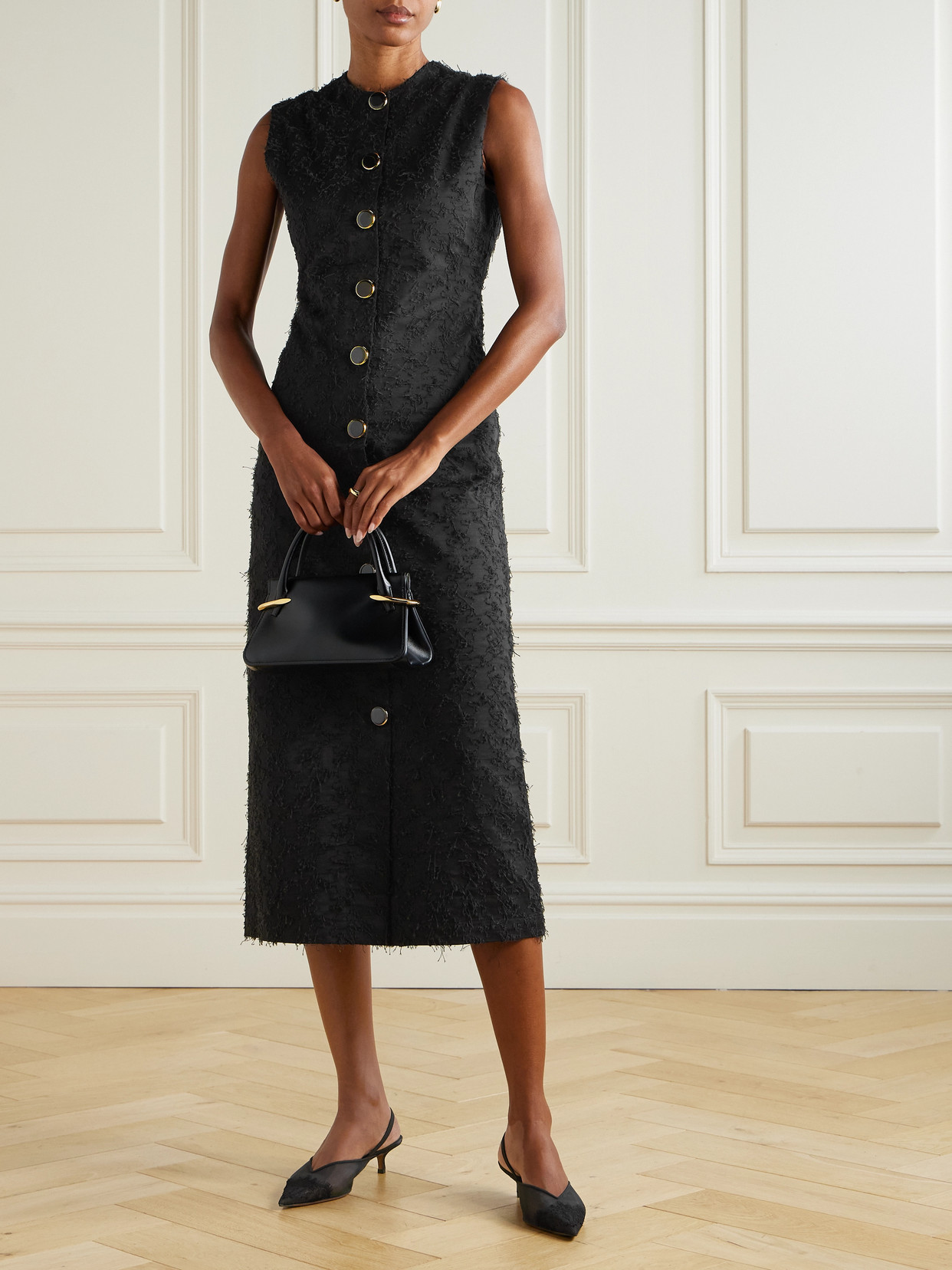 D'estree Camille Frayed Fil Coupé Organic Cotton Midi Dress In Black