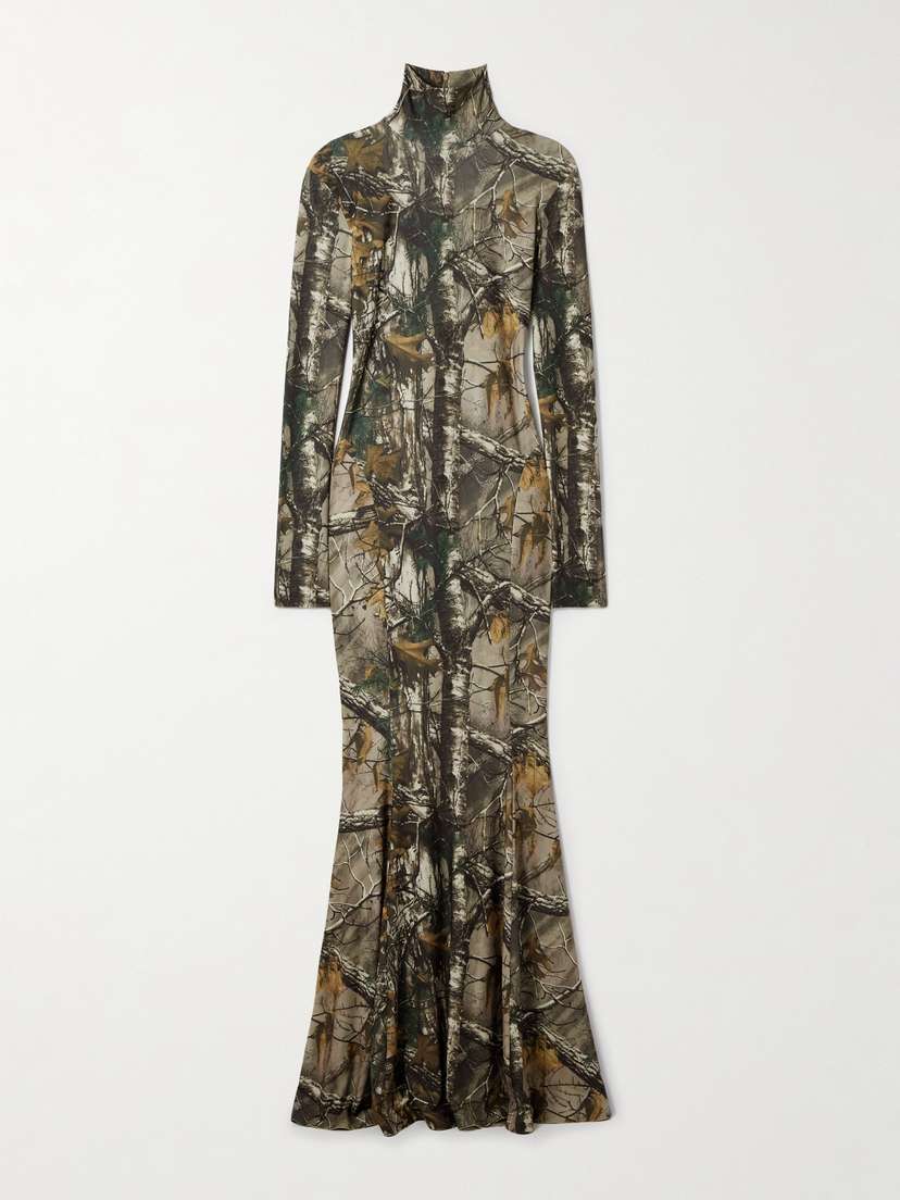 Norma Kamali Camouflage-print Stretch-jersey Turtleneck Gown