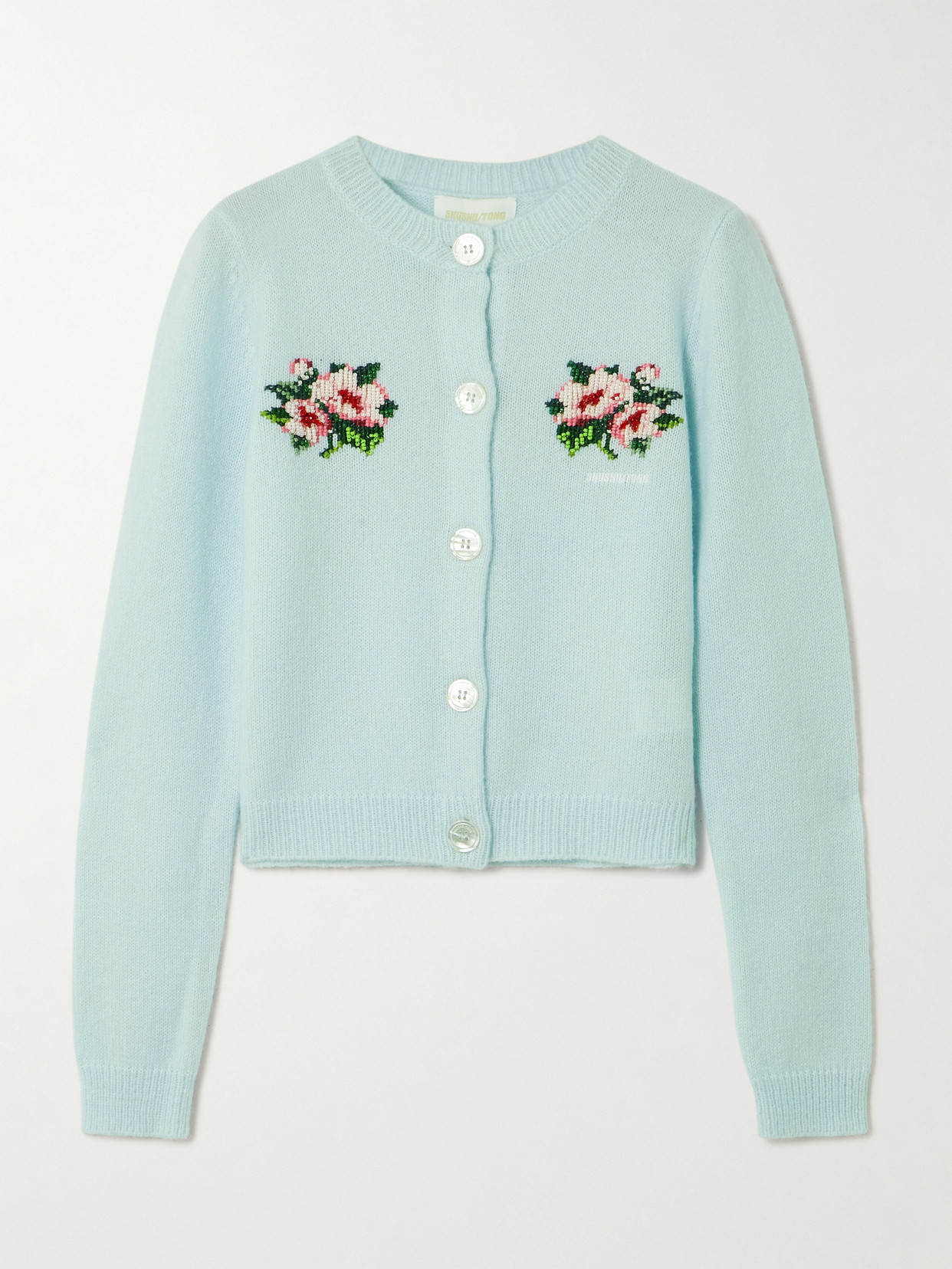 Shushu-tong Cropped Embroidered Bead-embellished Cashmere Cardigan In Blue