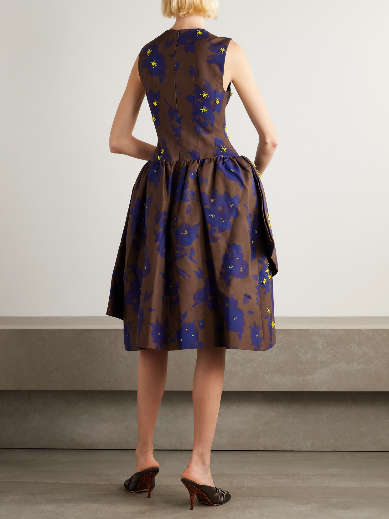Shushu-tong Asymmetric Embellished Gathered Printed Taffeta Dress In Brown