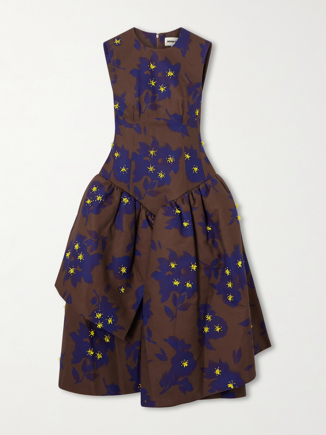Shushu-tong Asymmetric Embellished Gathered Printed Taffeta Dress In Brown