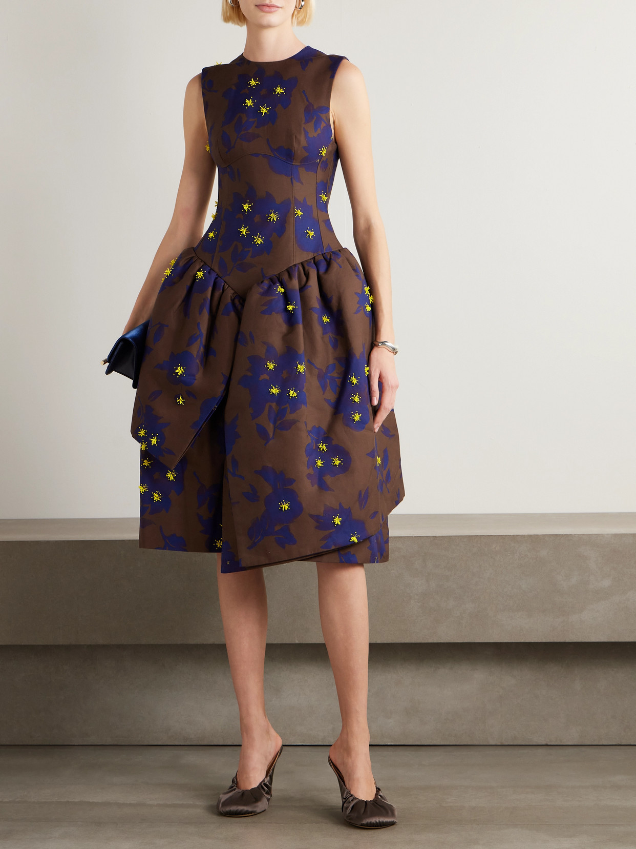 Shushu-tong Asymmetric Embellished Gathered Printed Taffeta Dress In Brown