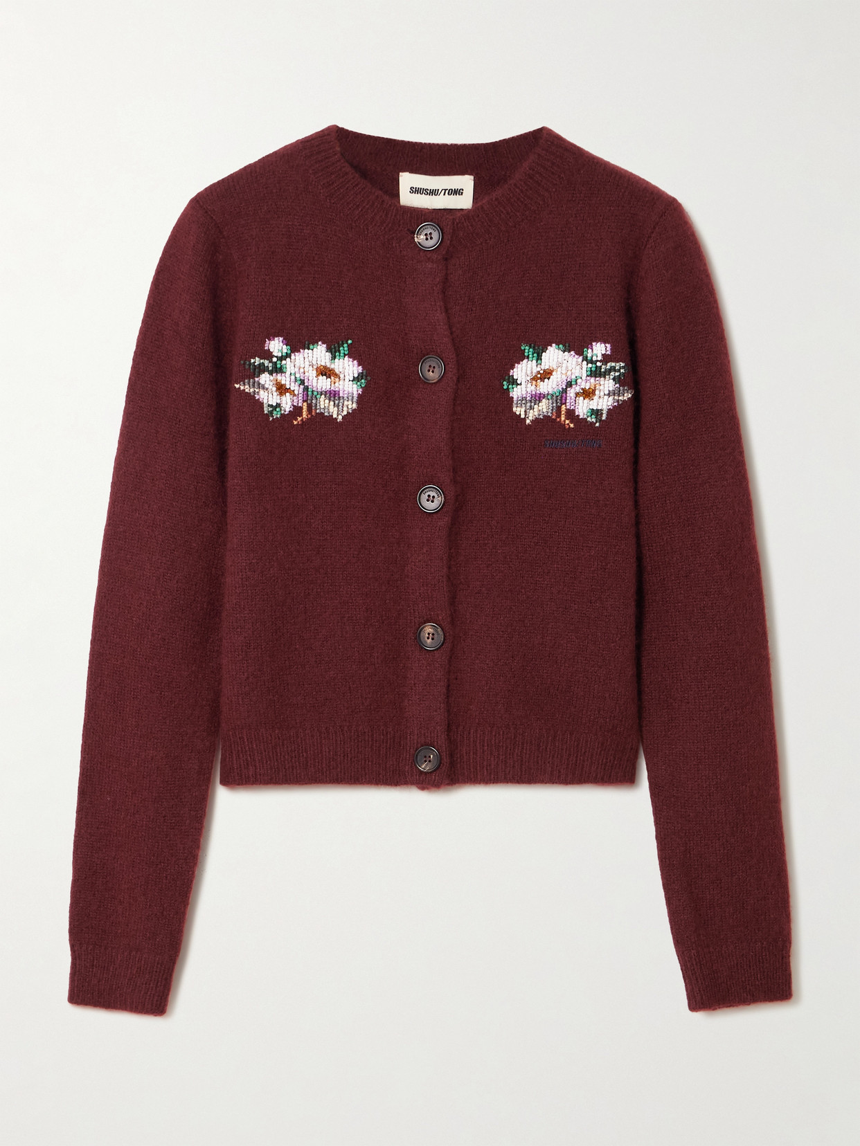 Shushu-tong Cropped Embroidered Bead-embellished Cashmere Cardigan In Burgundy