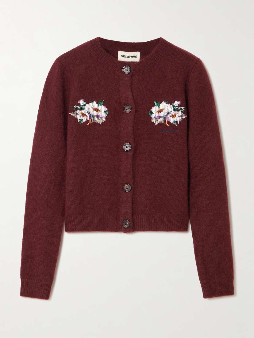 SHUSHU/TONG Cropped Embroidered Bead-embellished Cashmere Cardigan