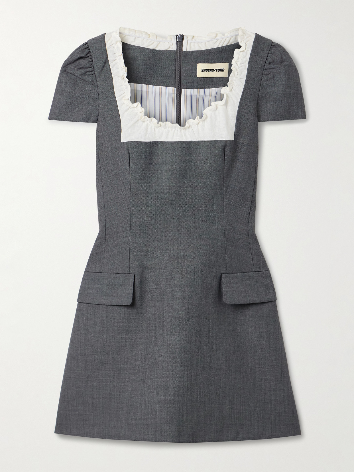 Shushu-tong Ruffled Wool-blend Gauze-trimmed Twill Mini Dress In Gray
