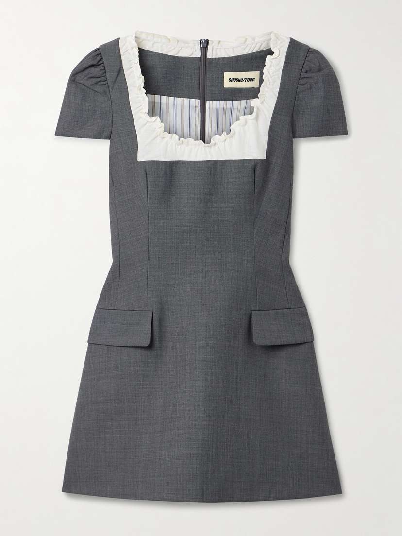 SHUSHU/TONG Ruffled Wool-blend Gauze-trimmed Twill Mini Dress