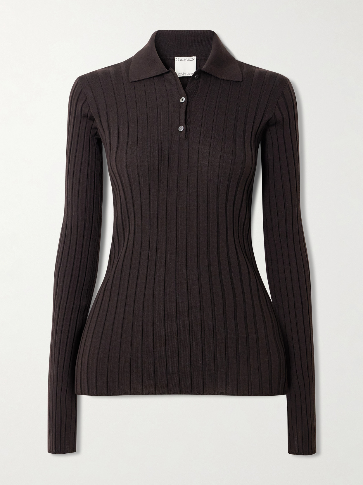 Calvin Klein Collection Amber Ribbed Wool Polo Sweater In Brown