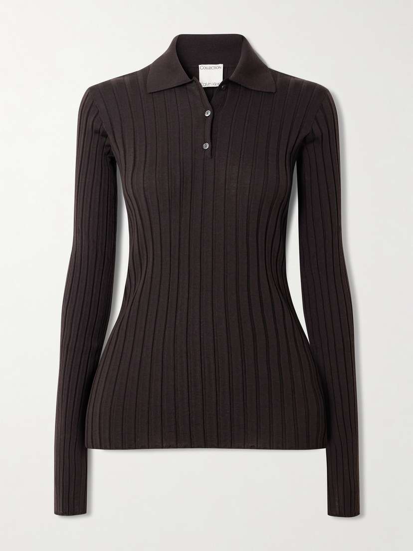 Calvin Klein Collection Amber Ribbed Wool Polo Sweater