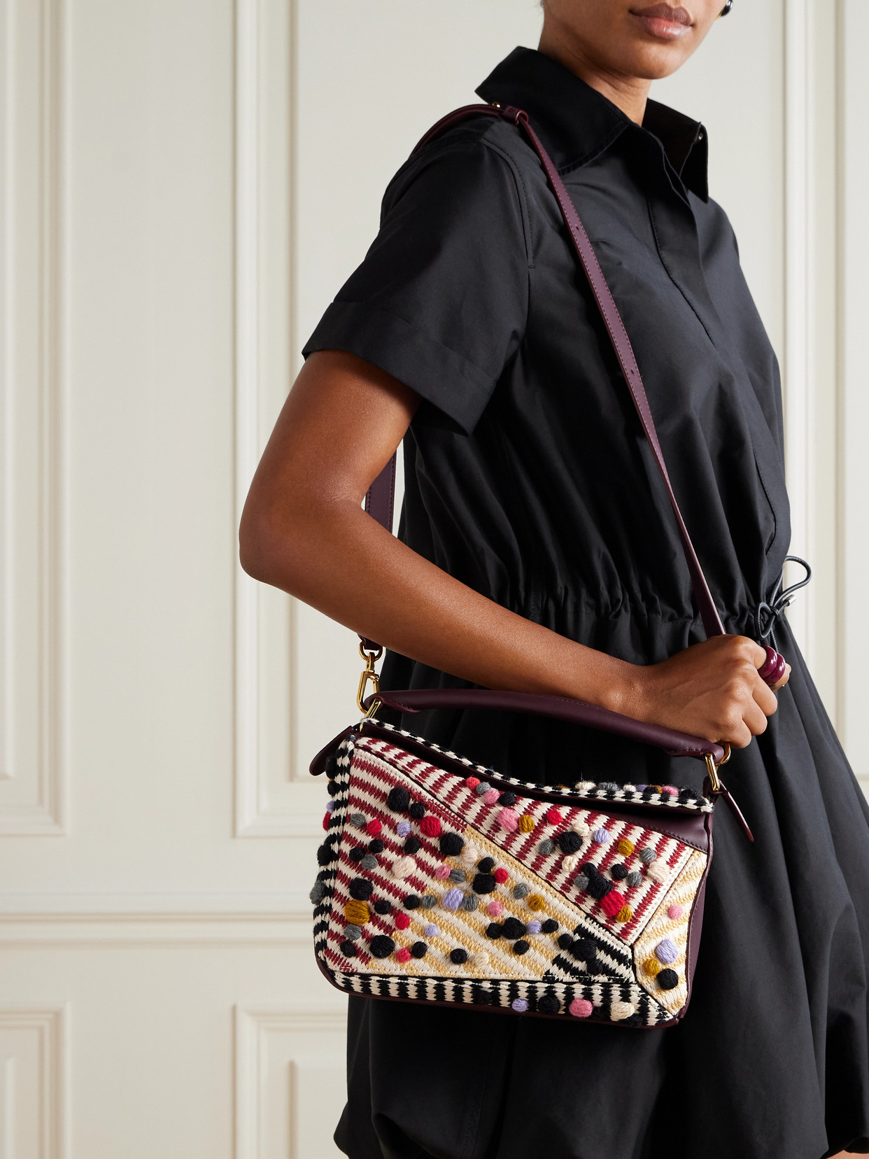 Loewe Puzzle Small Leather-trimmed Embroidered Canvas Shoulder Bag In Multi