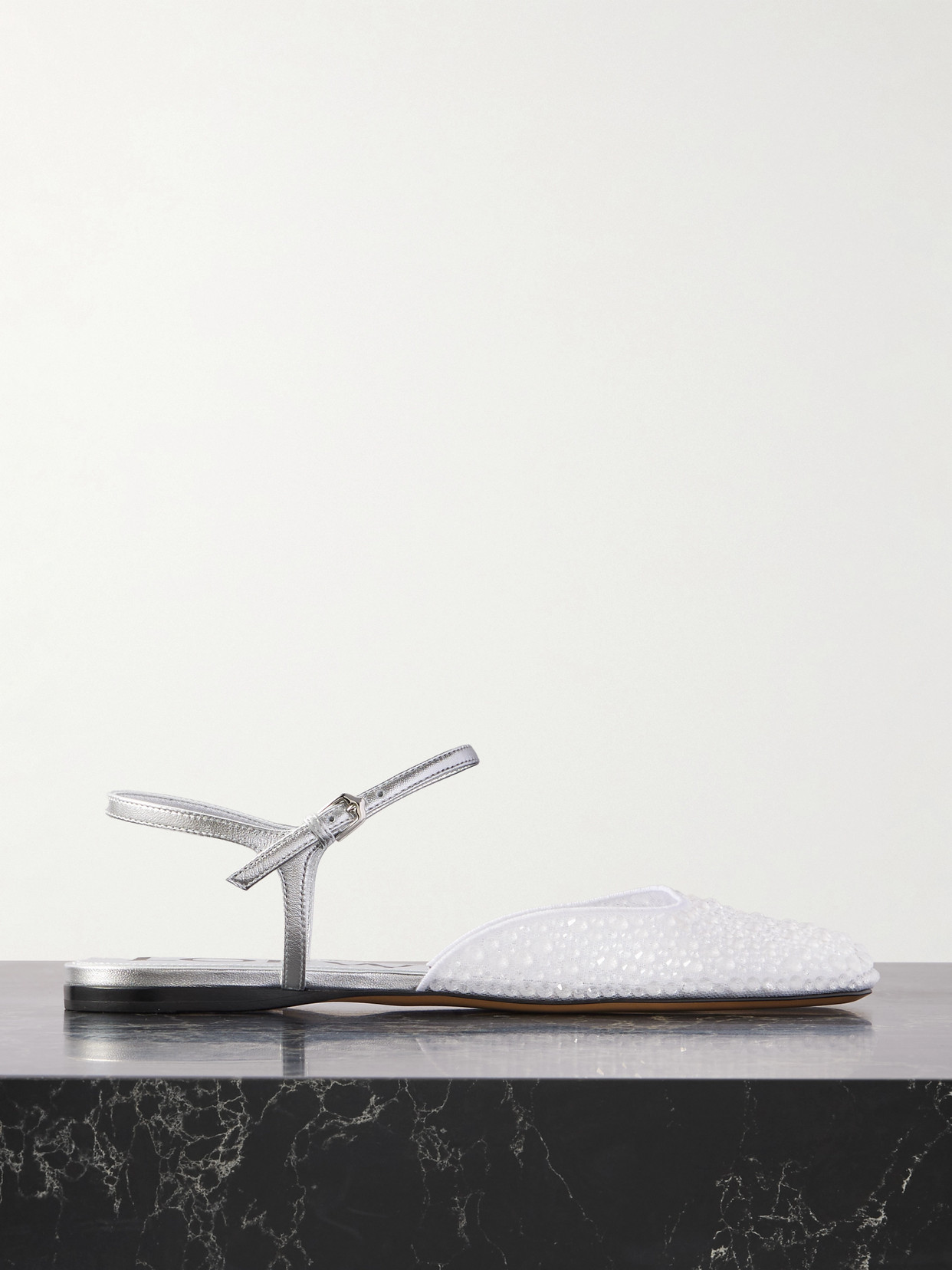 Loewe Crystal-embellished Leather And Mesh Ballet Flats In White