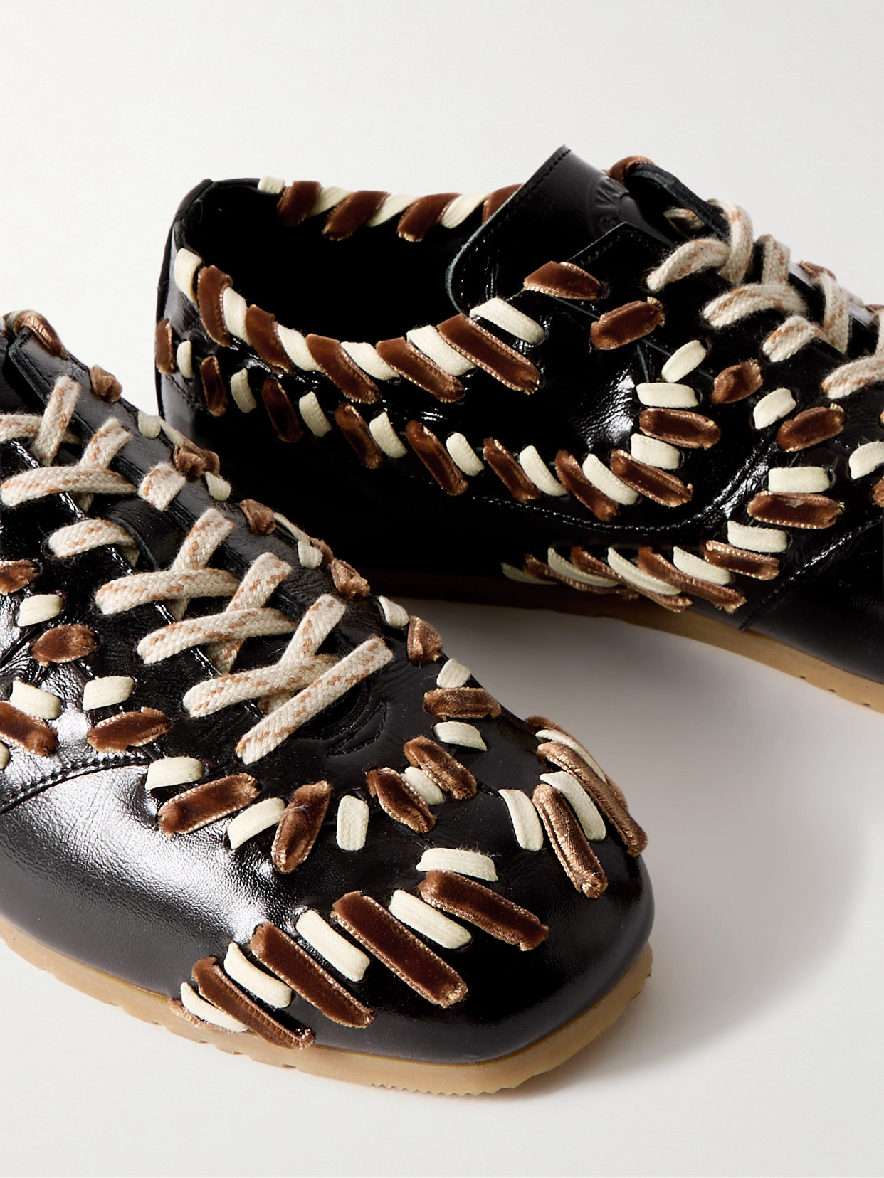 Cord And Velvet-Trimmed Glossed-Leather Sneakers