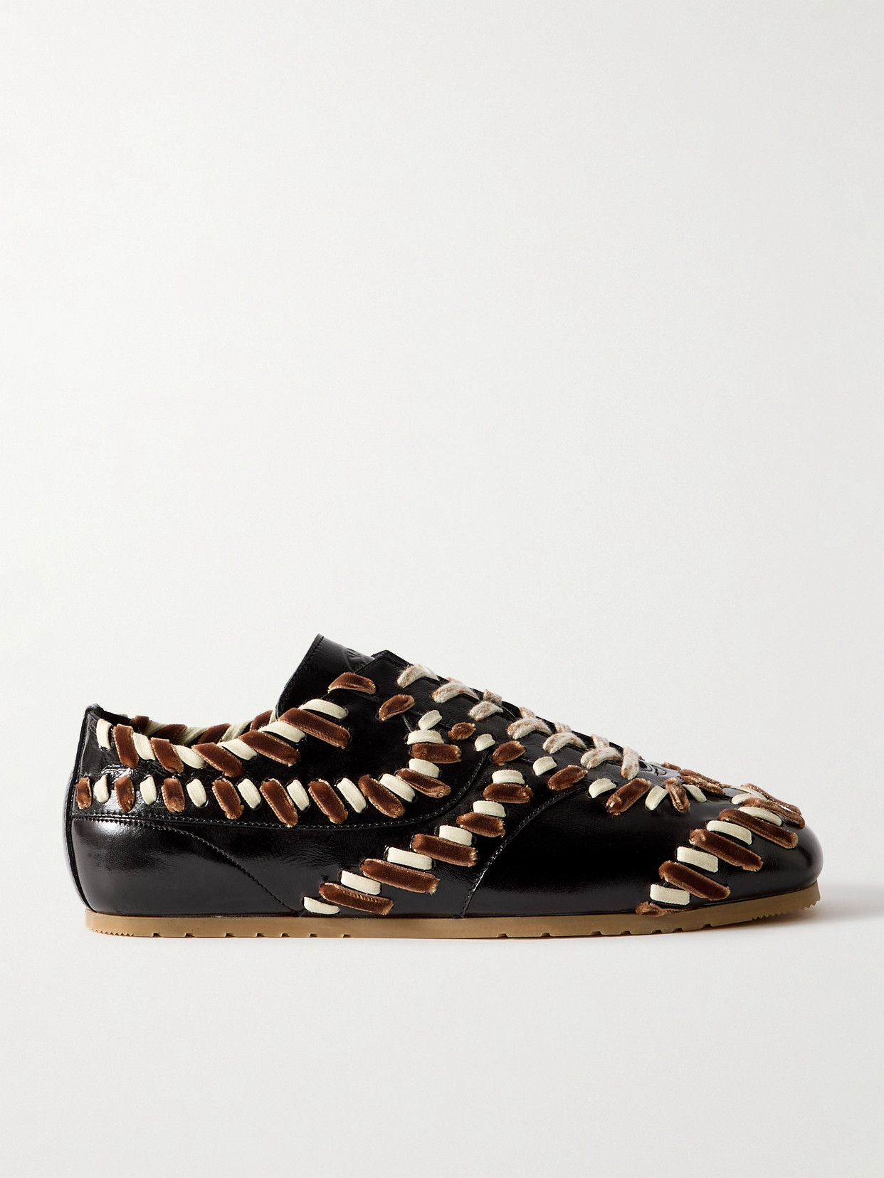 Dries Van Noten Cord And Velvet-trimmed Glossed-leather Sneakers In Black
