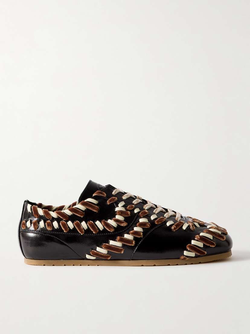 Dries Van Noten Cord And Velvet-trimmed Glossed-leather Sneakers
