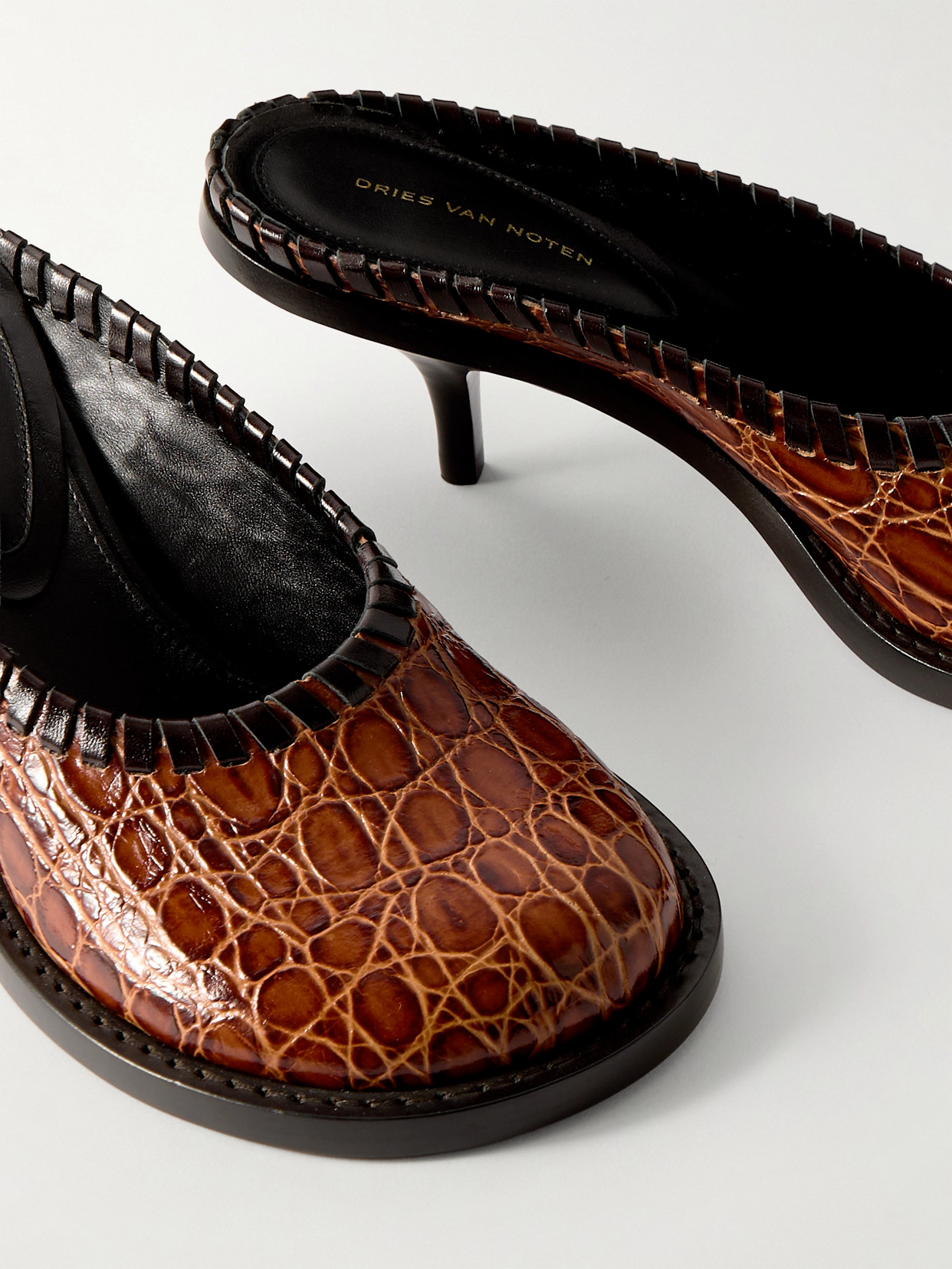 Dries Van Noten Croc-effect Leather Mules In Brown