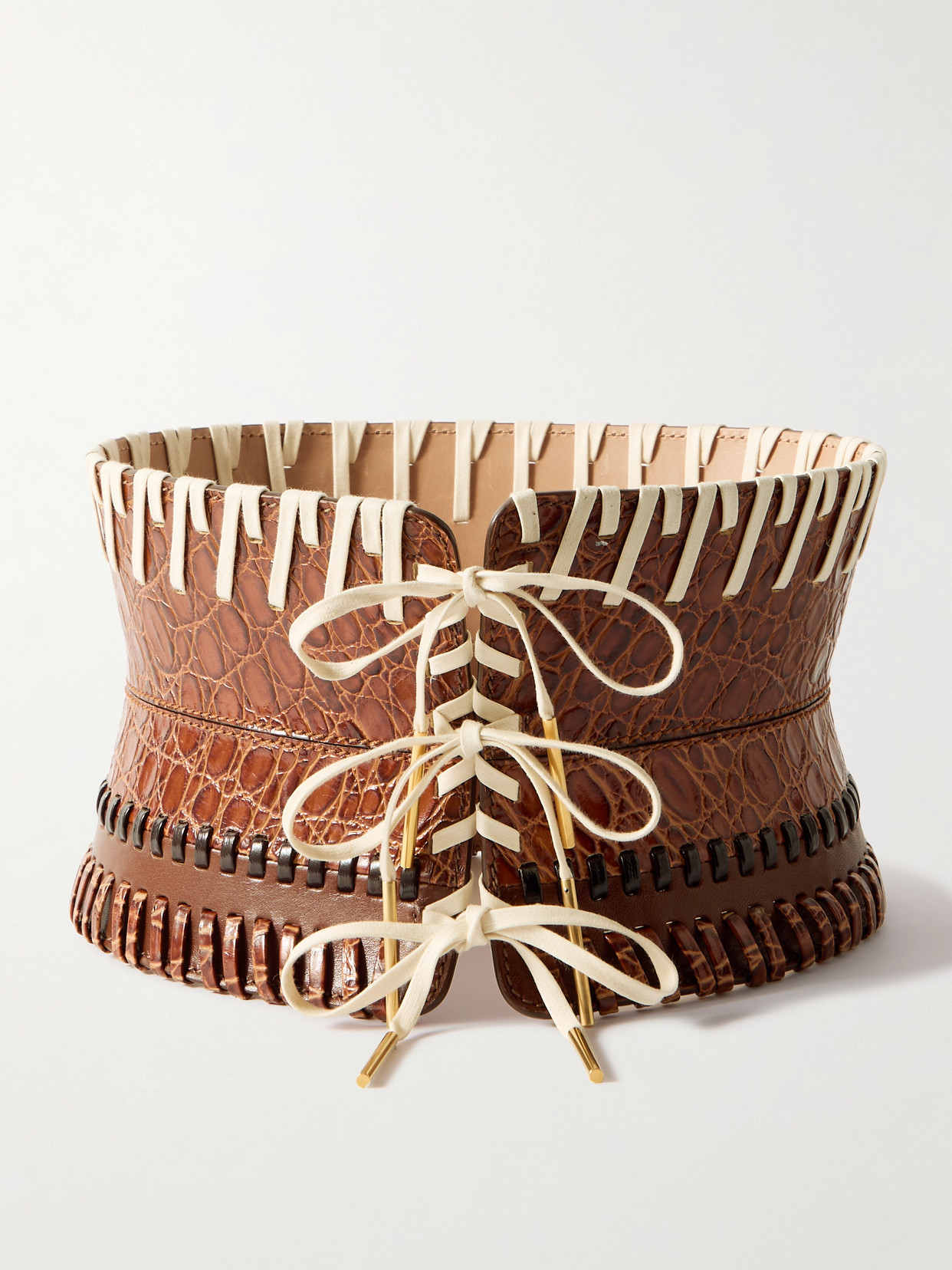 Dries Van Noten Whipstitched Paneled Croc-effect Leather Corset Belt In Brown