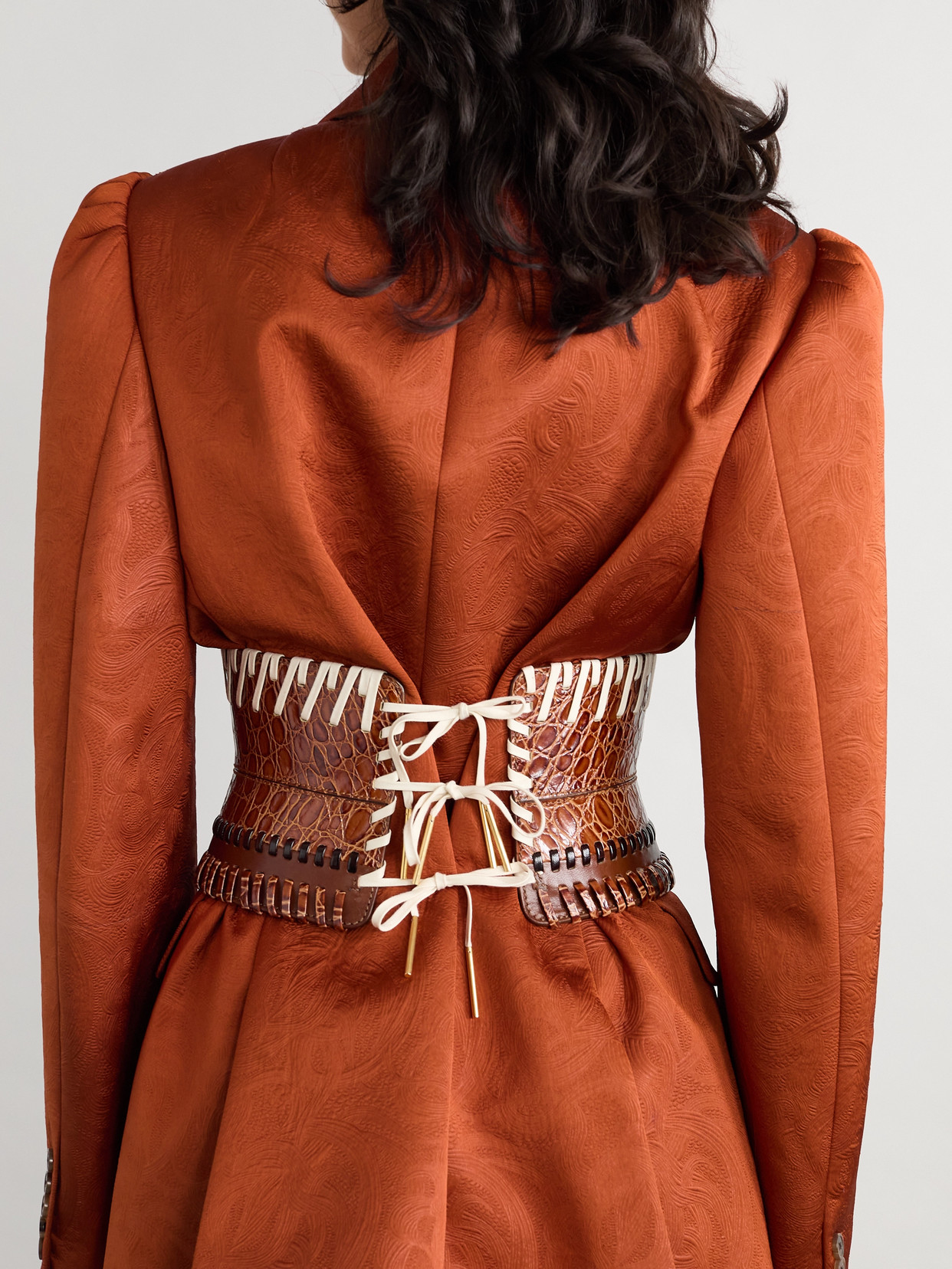 Dries Van Noten Whipstitched Paneled Croc-effect Leather Corset Belt In Brown
