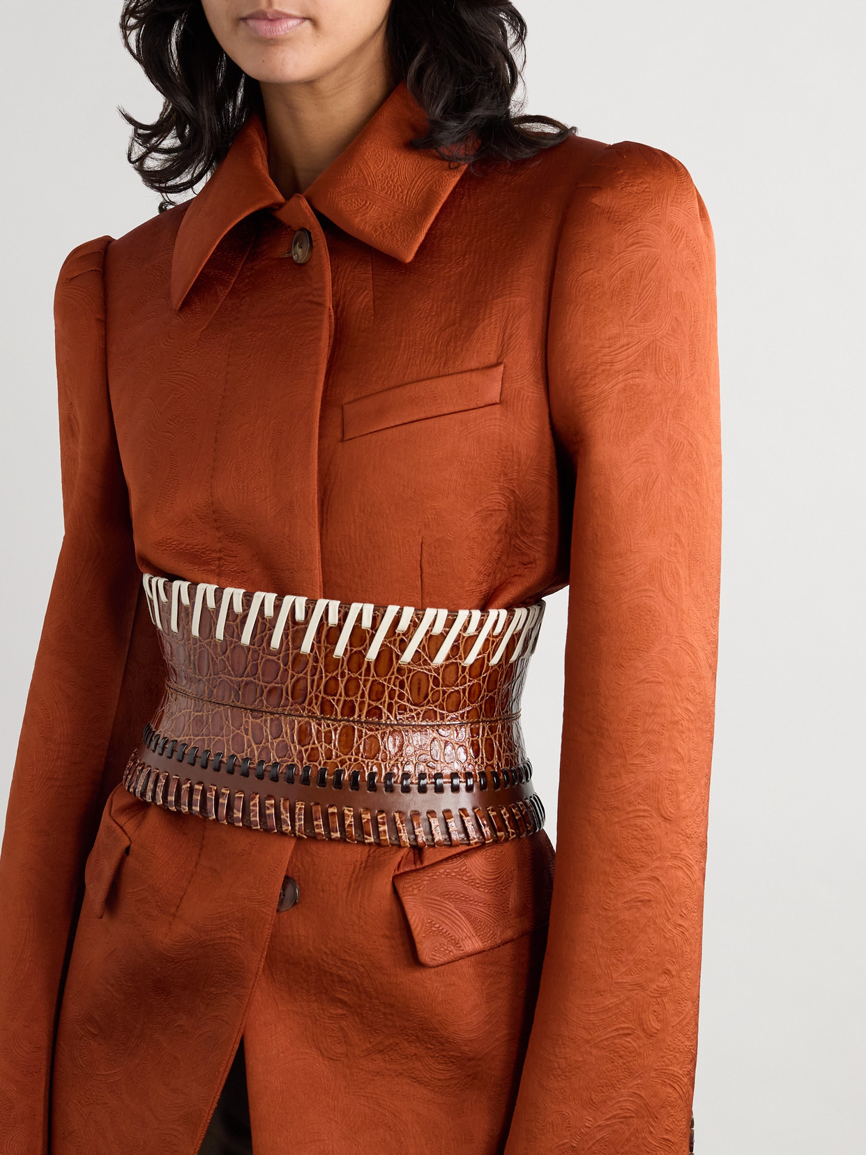 Dries Van Noten Whipstitched Paneled Croc-effect Leather Corset Belt In Brown