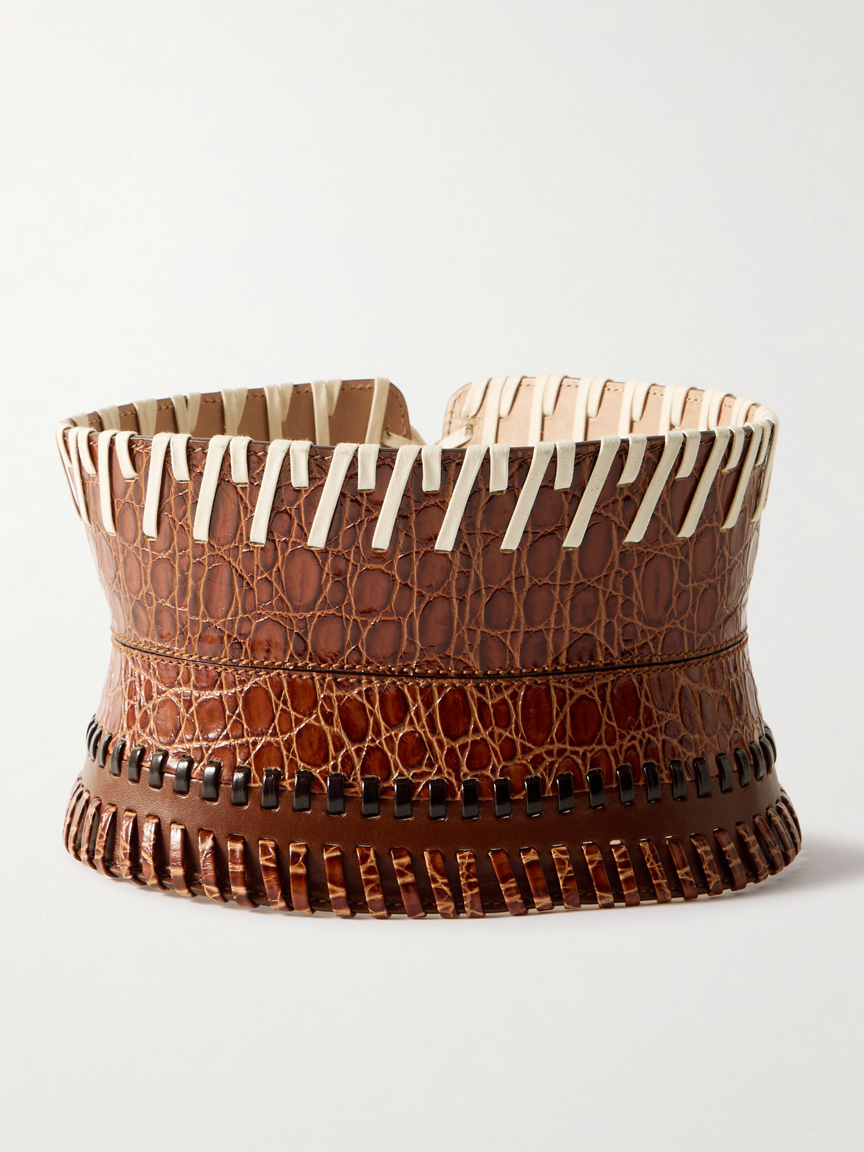 Dries Van Noten Whipstitched Paneled Croc-effect Leather Corset Belt In Brown