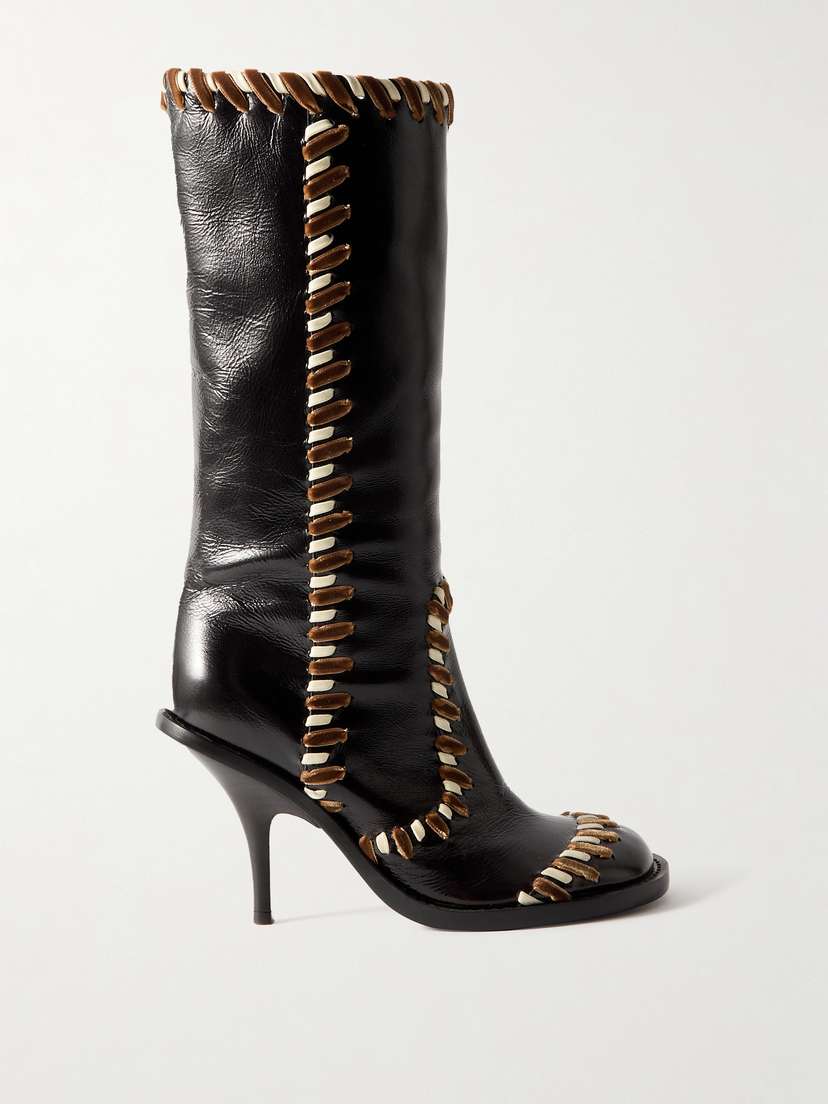 Dries Van Noten Grosgrain And Velvet-trimmed Leather Knee Boots