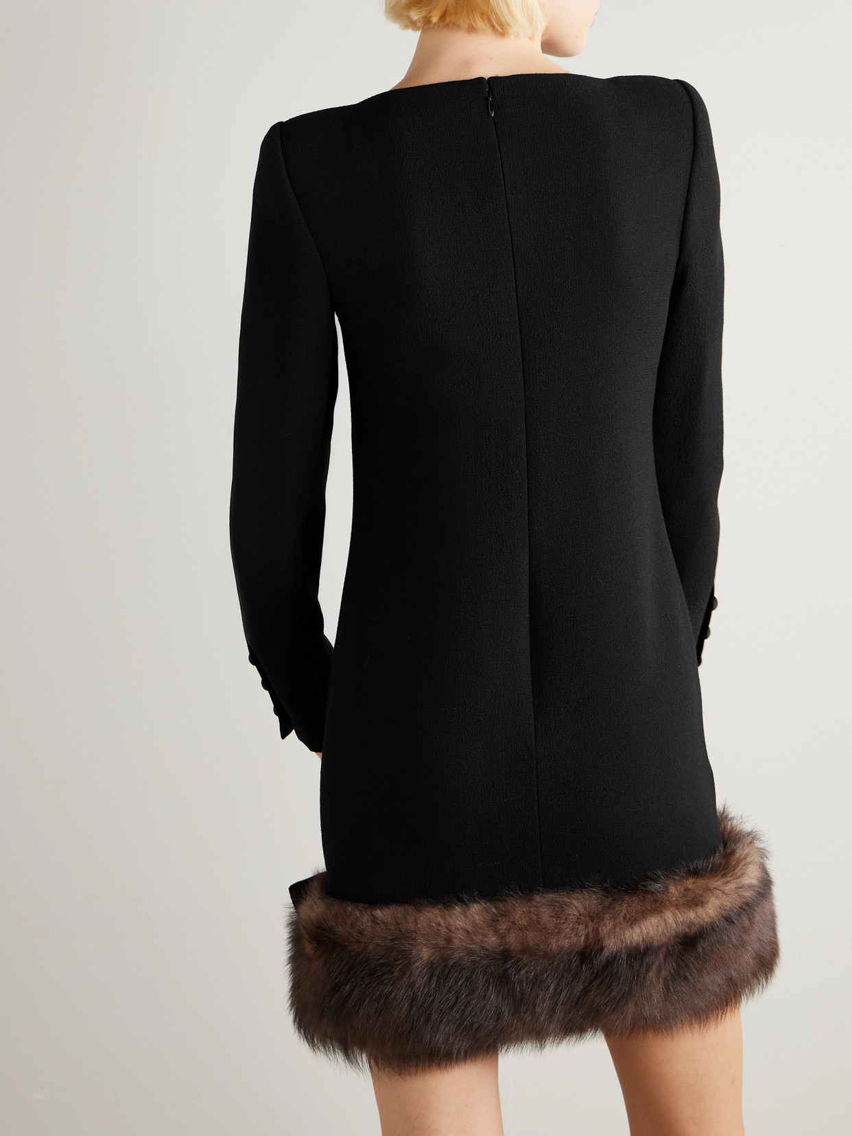 Valentino Bow-detailed Shearling And Lace-trimmed Wool-crepe Mini Dress In Black