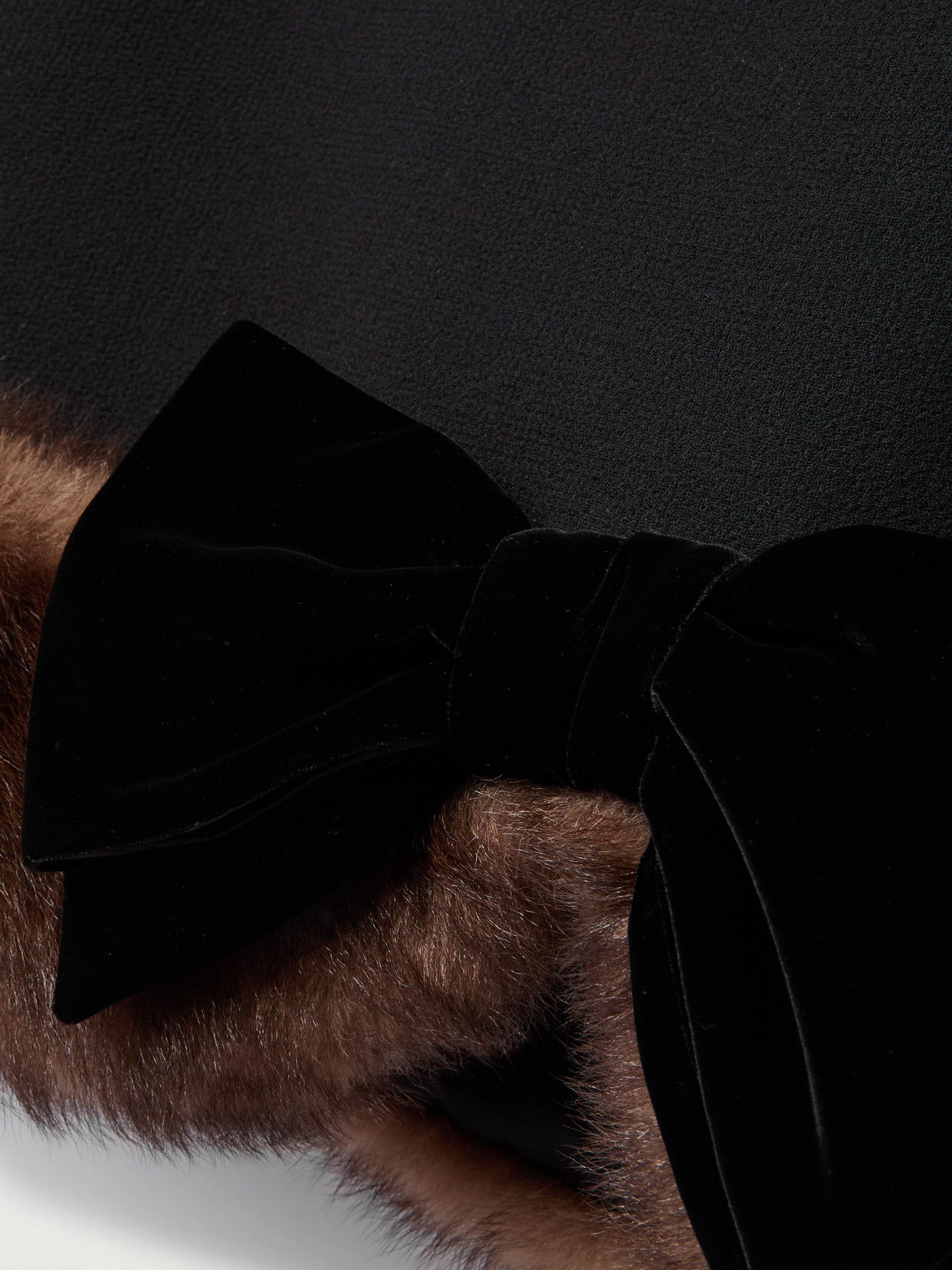 Valentino Bow-detailed Shearling And Lace-trimmed Wool-crepe Mini Dress In Black