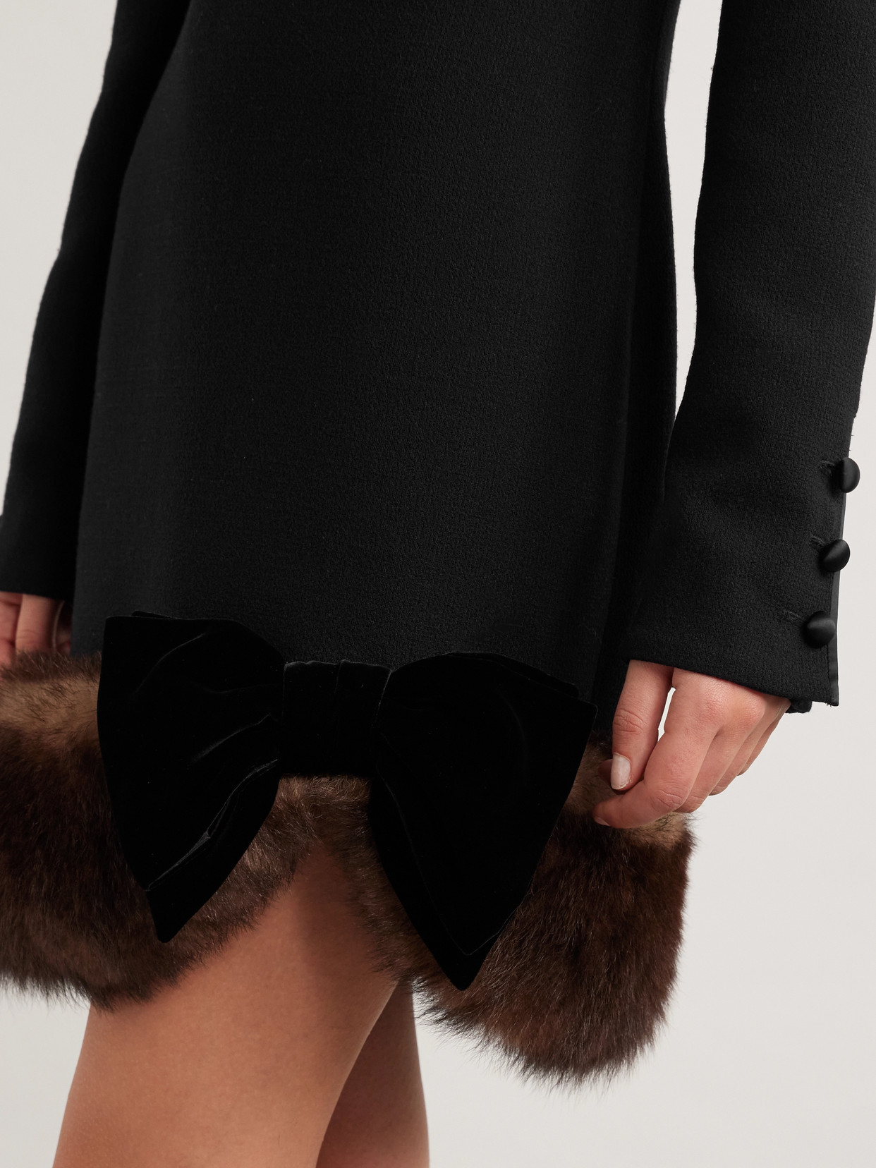 Valentino Bow-detailed Shearling And Lace-trimmed Wool-crepe Mini Dress In Black