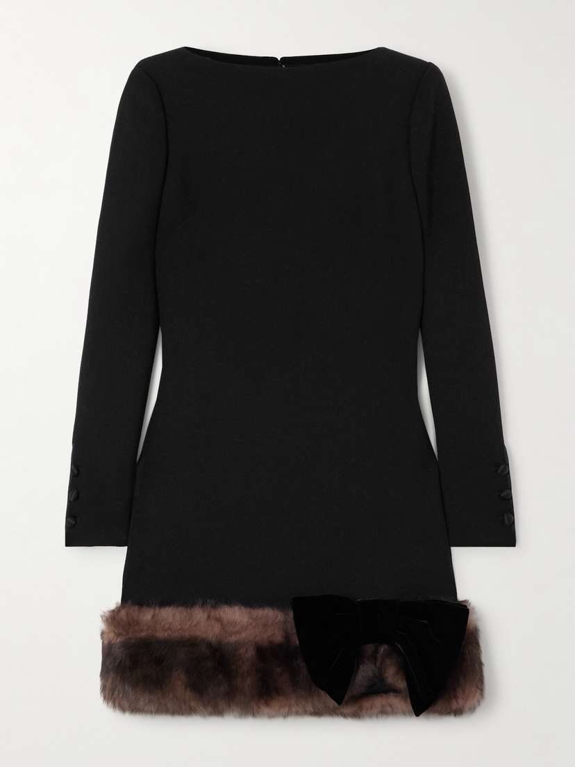 Valentino Garavani — Bow-detailed shearling and lace-trimmed wool-crepe mini dress